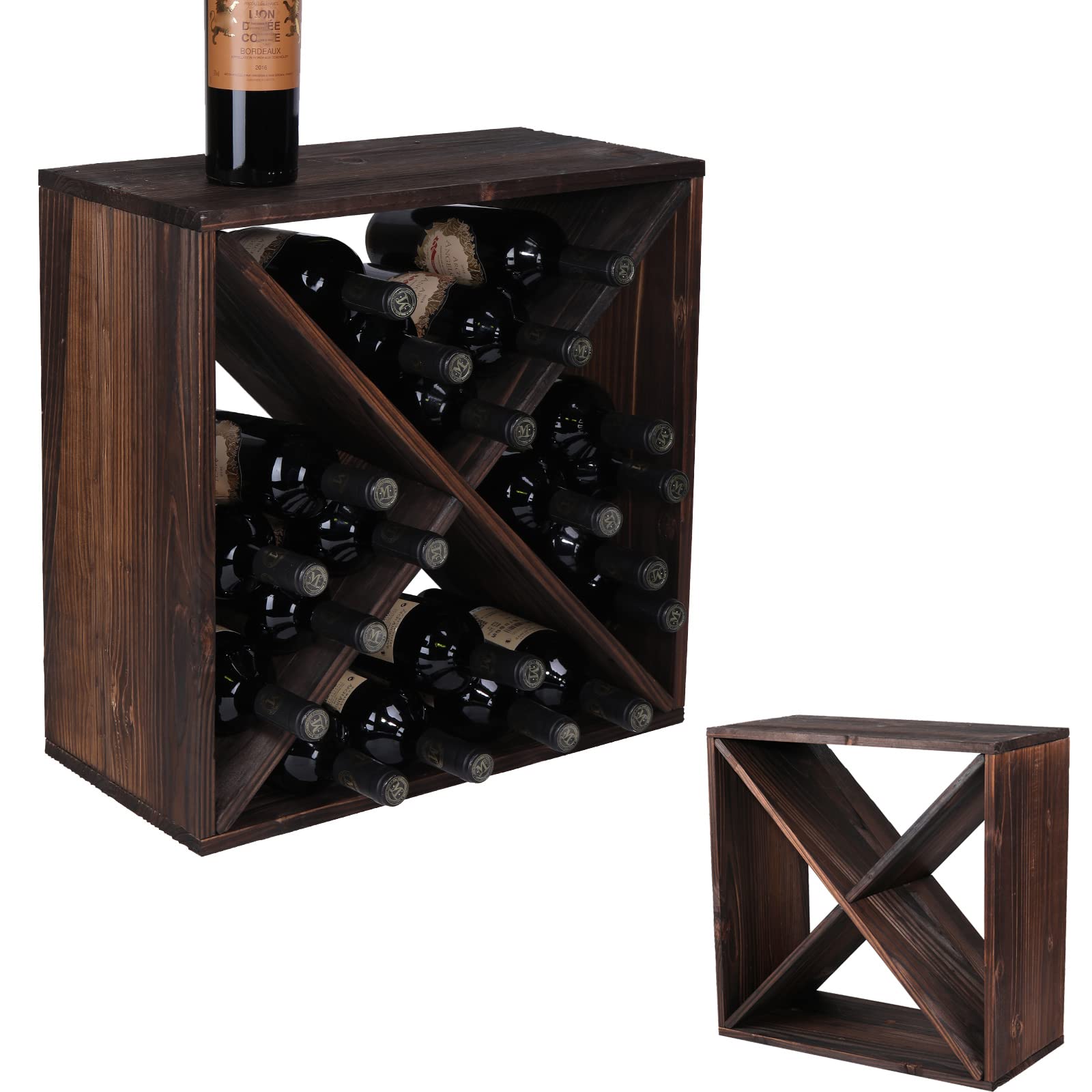 Fdjamy Wooden Stackable Wine Rack - Rustic Retro Style Countertop Storage for 24 Bottles - Dark Brown Wine Cabinet | Perfect for Kitchen, Dining Room & Bar Decor