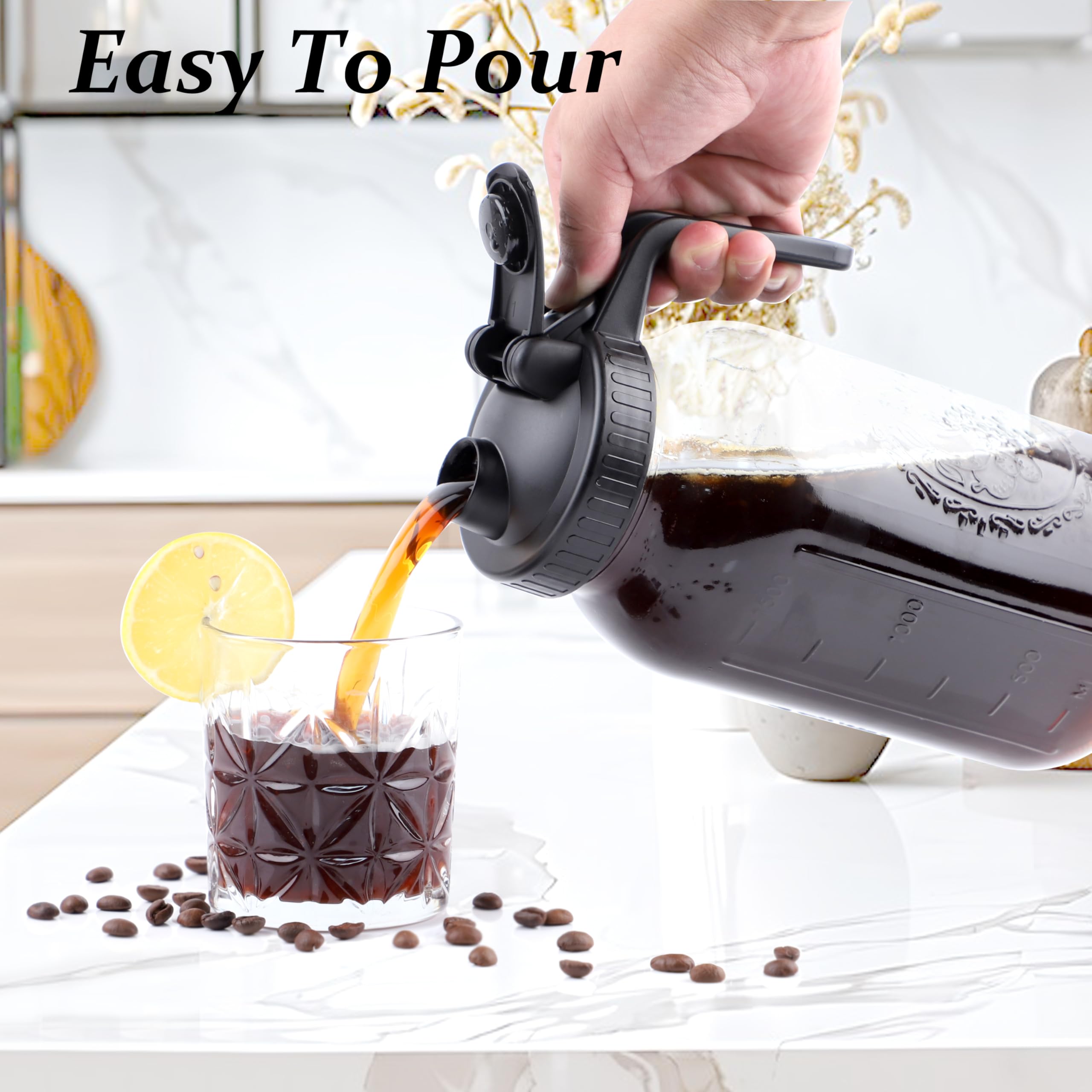 64 Oz Cold Brew Coffee Maker Set - 2 Half Gallon Glass Pitchers with Pour Spout Lids & Strainer - Wide Mouth Mason Jar for Iced Coffee, Lemonade, Milk - Perfect for Refrigerator Storage & Home Brewing