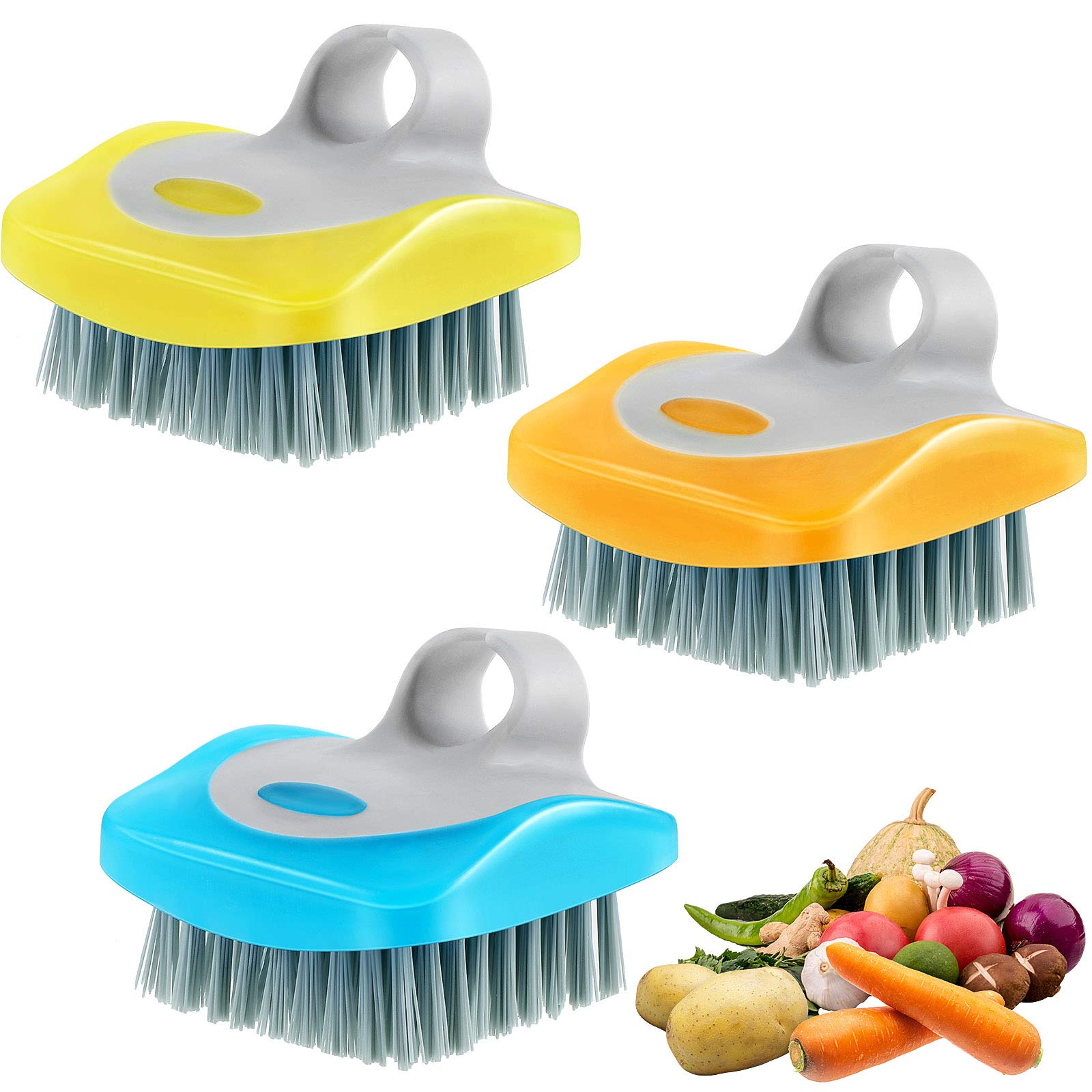 3-Piece Flexible Bristle Vegetable Brush Set - Potato Scrubber, Carrot & Fruit Cleaner - Durable Kitchen Gadgets for Washing Vegetables (Random Colors) - Perfect for Organic Produce, Meal Prep & Healthy Cooking