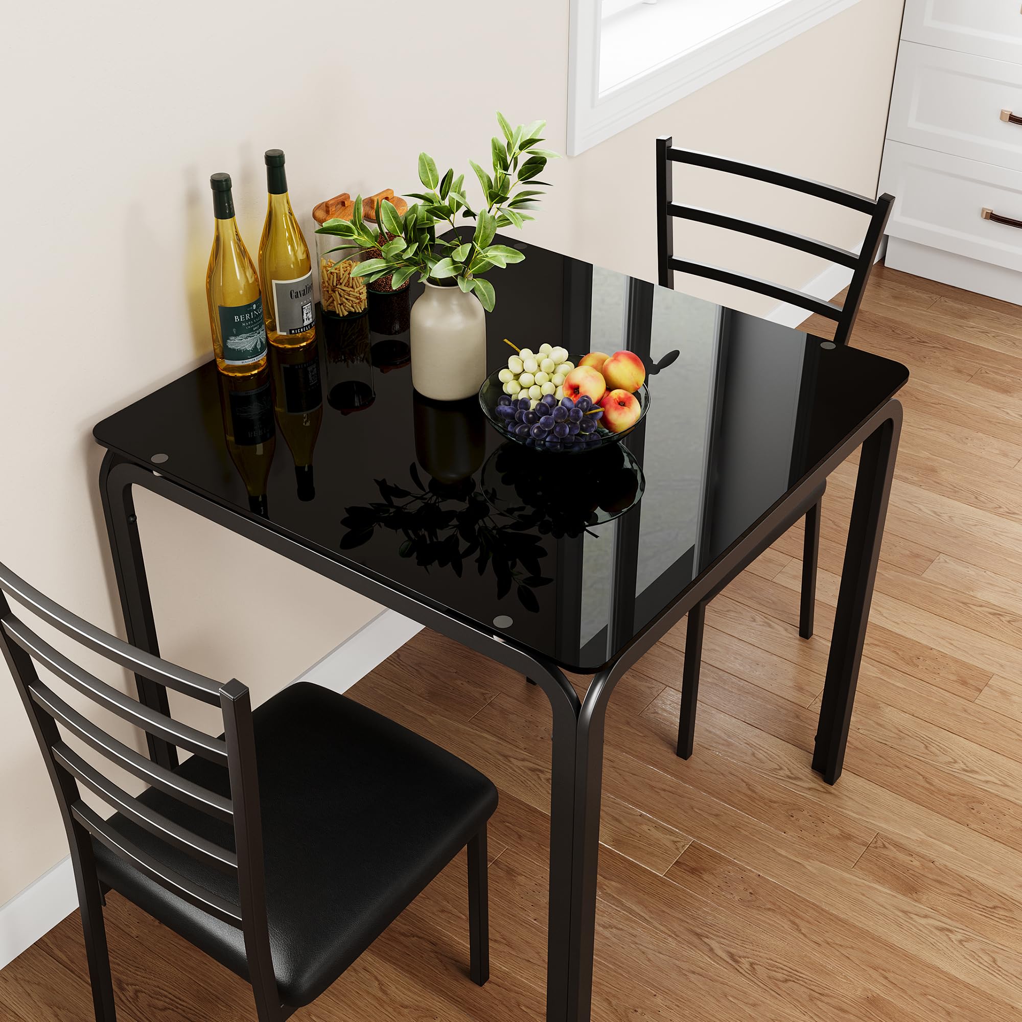 IDEALHOUSE 3-Piece Square Glass Dining Table Set for 2 - Compact Kitchen & Dinette Set with 2 Chairs - Perfect for Small Spaces, Apartments & Breakfast Nooks