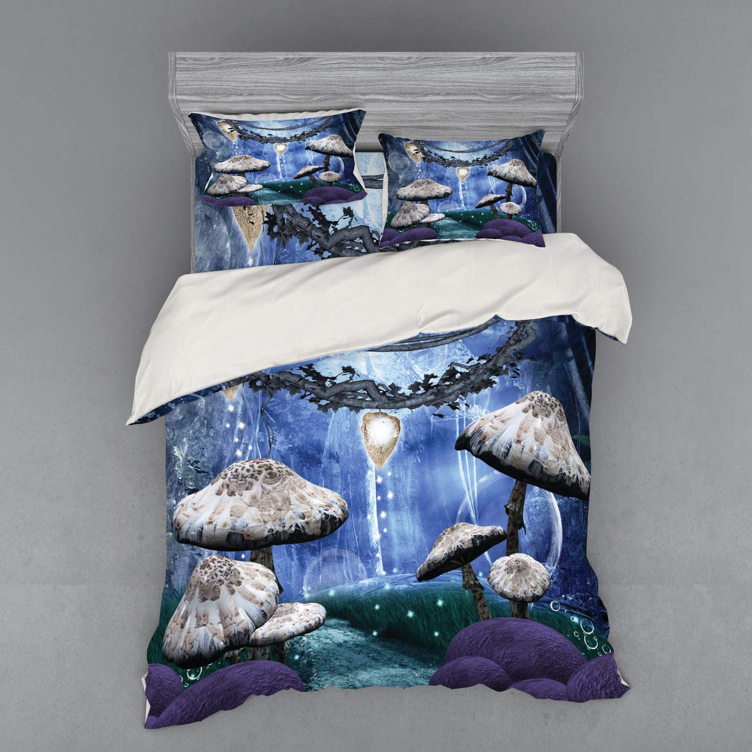 Ambesonne Trippy Bedding Set - Abstract Dreamlike Forest Night Scenery with Mushrooms, Pixie Dust & Bubbles | 4-Piece Duvet Cover Set with Shams & Fitted Sheet | Queen Size Multicolor Bedding | Perfect for Boho Bedroom, Teen Room & Psychedelic Decor