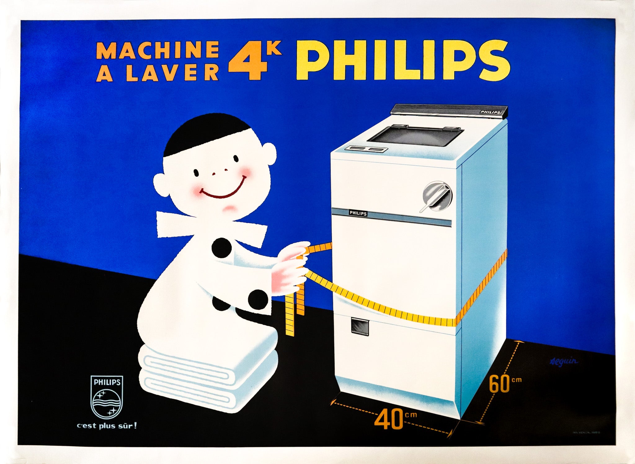 Vintage 1960s Original French Philips Washing Machine Poster - Linen Backed Retro Home Decor for Living Room, Bedroom & Office Wall Art