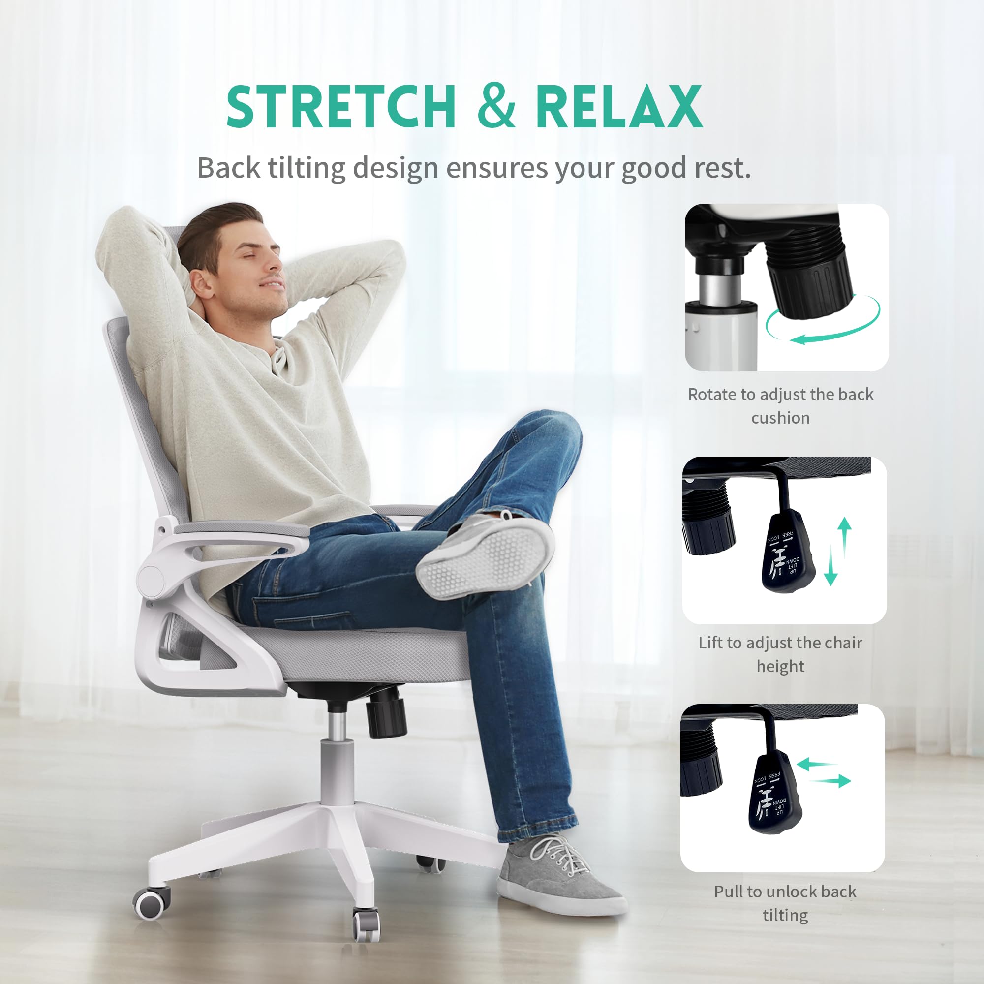Ergonomic Office Chair with Adjustable Lumbar Support & Swivel Headrest - 90° Flip-Up Armrests, Breathable Mesh Back & Thickened Seat Cushion - 360° Swivel Base for Home Office, Gaming Setup & Workspace - Easy Assembly Computer Desk Chair for Long Hours Sitting Comfort