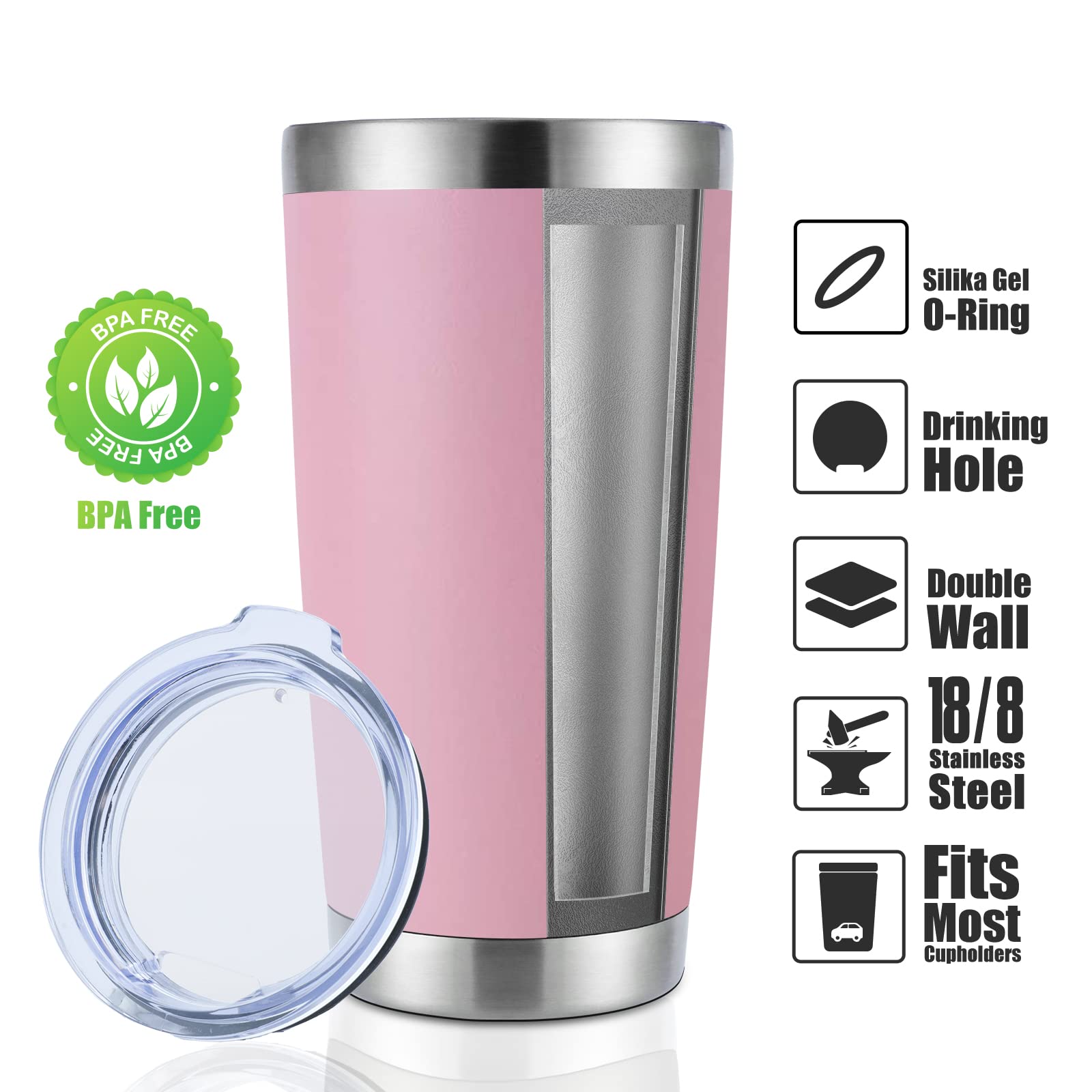 DOMICARE 20oz Stainless Steel Tumbler with Lid - 12 Pack Bulk, Double Wall Vacuum Insulated Travel Mug, Powder Coated Coffee Cup (Pink) - Perfect for Office, Gym, Camping & Outdoor Activities