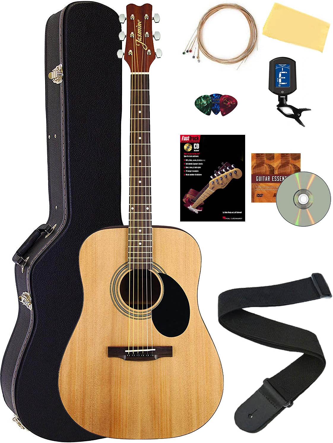 **S35 Acoustic Guitar Bundle - Natural Finish with Hard Case, Strings, Tuner, Strap, Picks, Instructional Book, DVD & Polishing Cloth | Perfect for Beginners, Campfires & Home Practice**