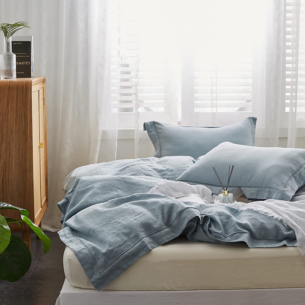 Luxury 100% Washed Linen Duvet Cover Set - Queen Size 88x92 Inches - 3 Piece Farmhouse Bedding with Embroidered Design & Button Closure - Includes 1 Duvet Cover + 2 Pillow Shams - Dusty Blue - Perfect for Master Bedroom, Guest Room & Cozy Farmhouse Decor