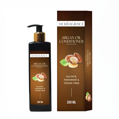 Herba Grace Argan Oil Conditioner for Frizz-Free Hair - Sulfate & Paraben Free, Toxin-Free Hair Smoothening & Strengthening Treatment - Mild Gentle Formula (200ml) for Dry, Damaged & Curly Hair - Perfect for Daily Use & Salon-Quality Results