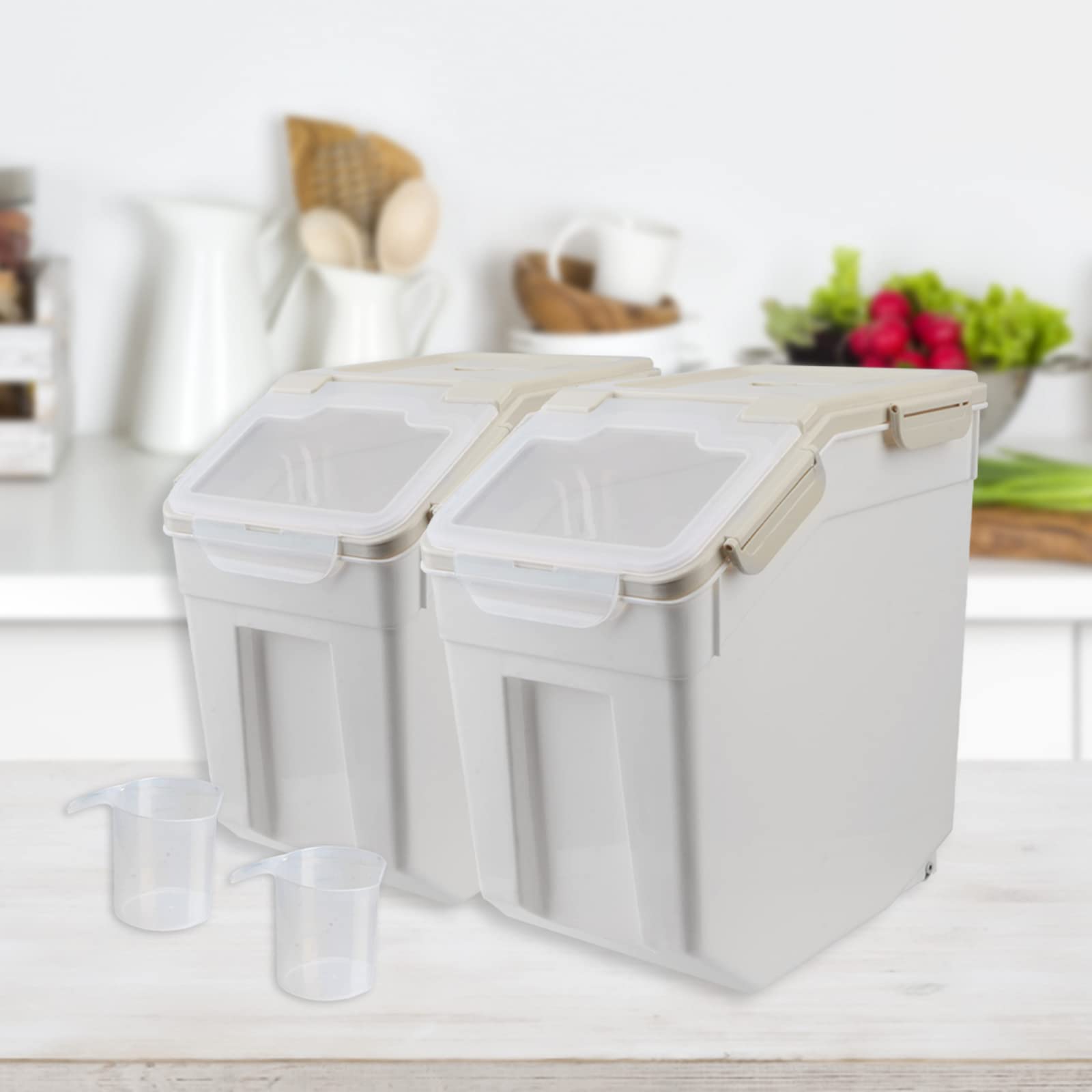 25lb Large Airtight Flour Storage Container with Wheels - 4 Pack BPA-Free Food Storage Bins with Seal Locking Lid & Measuring Scoop - Perfect for Flour, Rice, Grains, Sugar, Coffee (Gray) - Ideal for Kitchen Pantry Organization & Bulk Food Storage