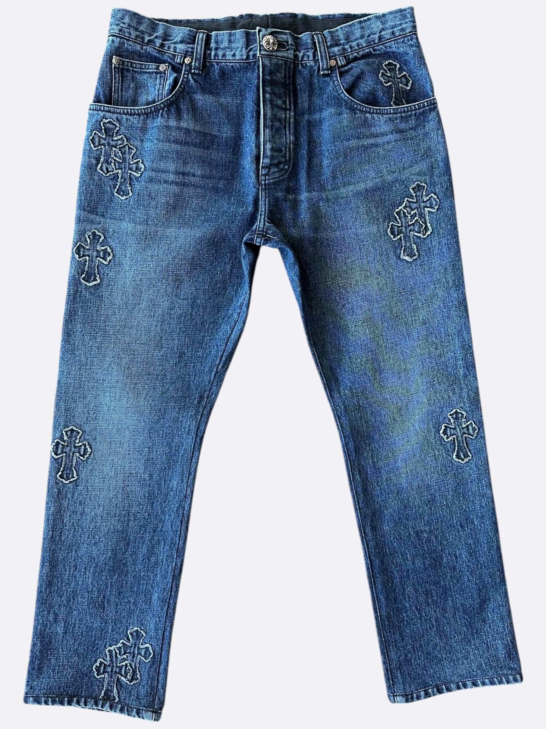 Chrome Hearts Blue Denim Jeans with Cross Patch - Stylish Designer Denim Pants for Men & Women | Perfect for Casual Wear, Street Fashion, and Night Out
