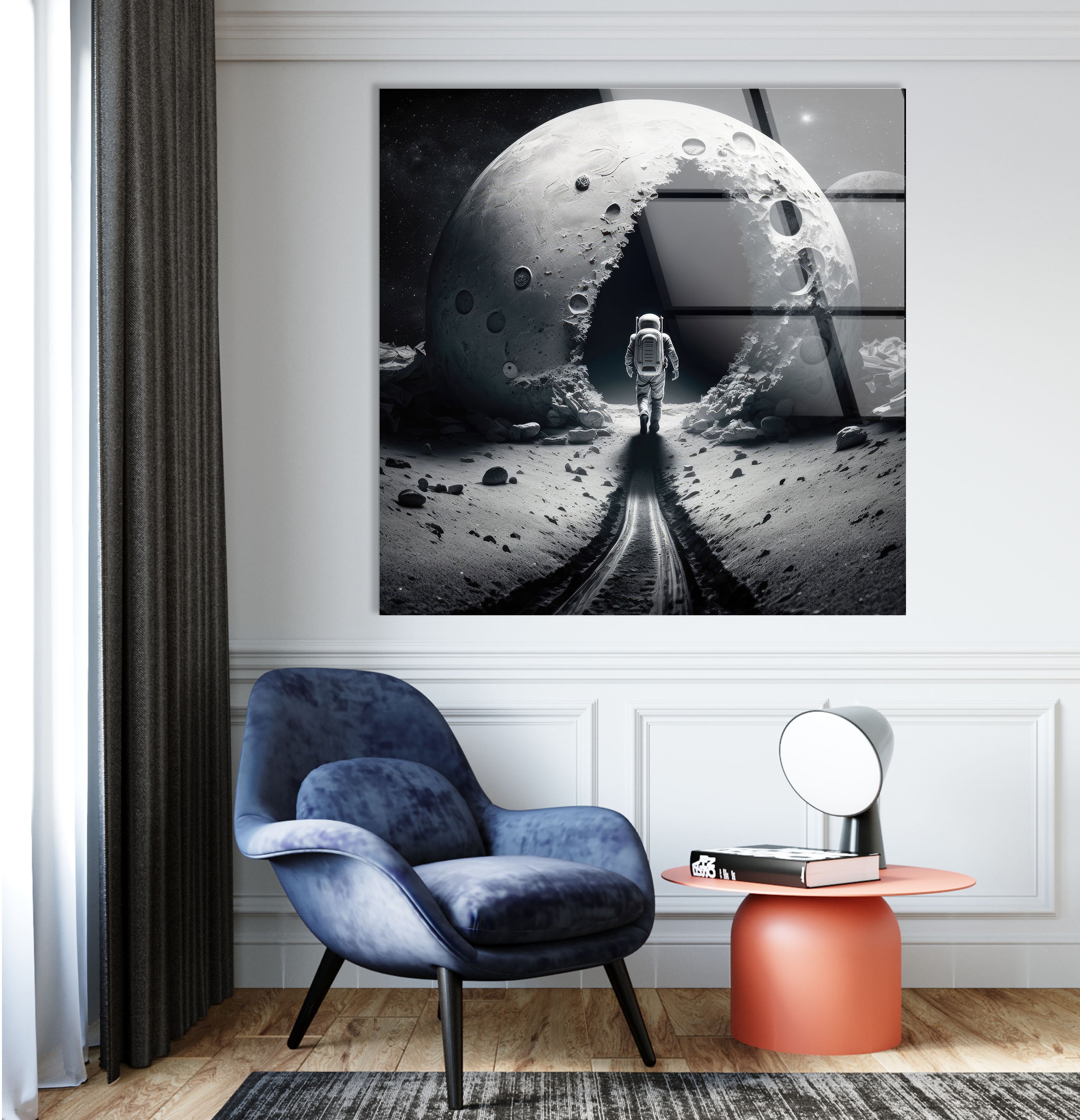 Astronaut Moonwalk Wall Art - Surreal Space Galaxy Glass Print for Home & Office Decor | Unique Sci-Fi Poster for Living Room, Bedroom, or Gift