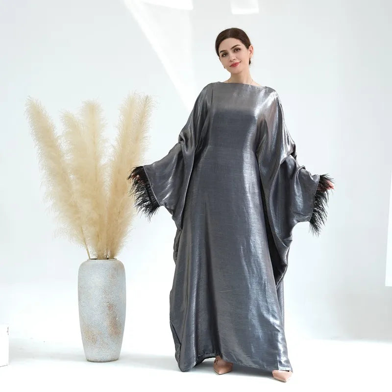 Elegant Muslim Women's Feather Sleeve Abaya Dress - Soft Nylon Cotton Blend - Perfect for Prayer, Eid Celebrations & Modest Fashion