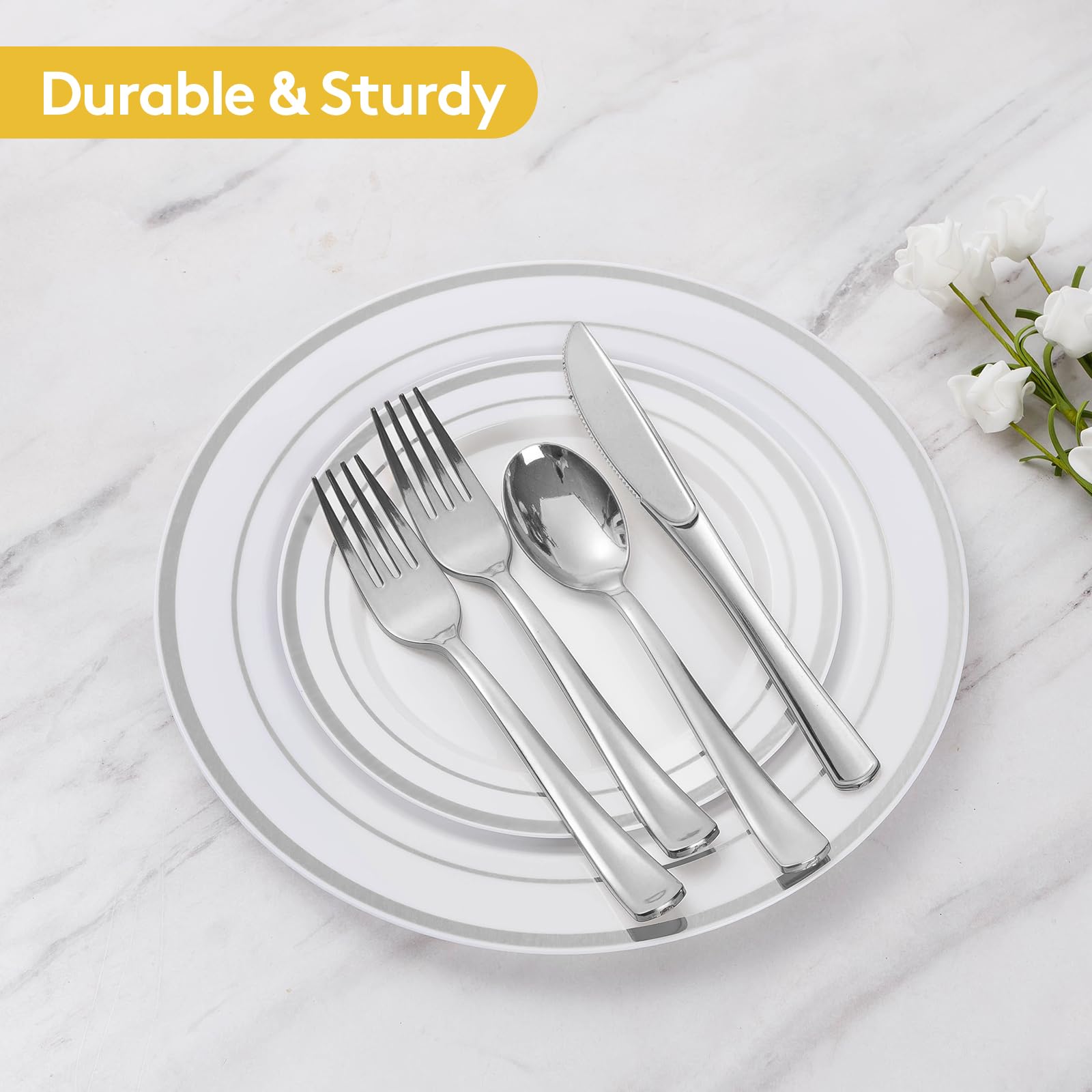 Goodluck 300-Piece Disposable Silver Plastic Dinnerware Set - 50 Dinner Plates, 50 Salad Plates, 50 Spoons, 50 Forks, 50 Knives & 50 Cups - Elegant Party Tableware for Weddings, Birthdays, Catering & Events