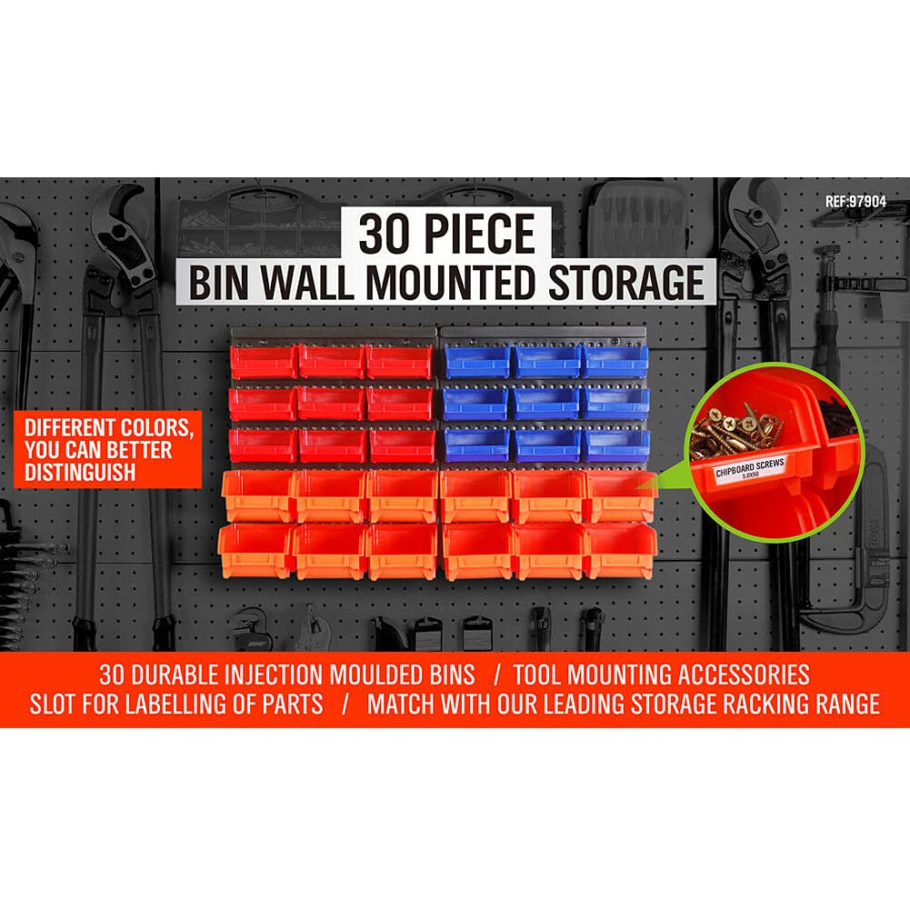 Wall Mounted Storage Bins - 30-Bin Organizer Rack for Garage, Tools, Crafts (Red/Blue/Orange) - Space Saving Home & Office Organization Solution for DIY Supplies, Hardware, Toys & More