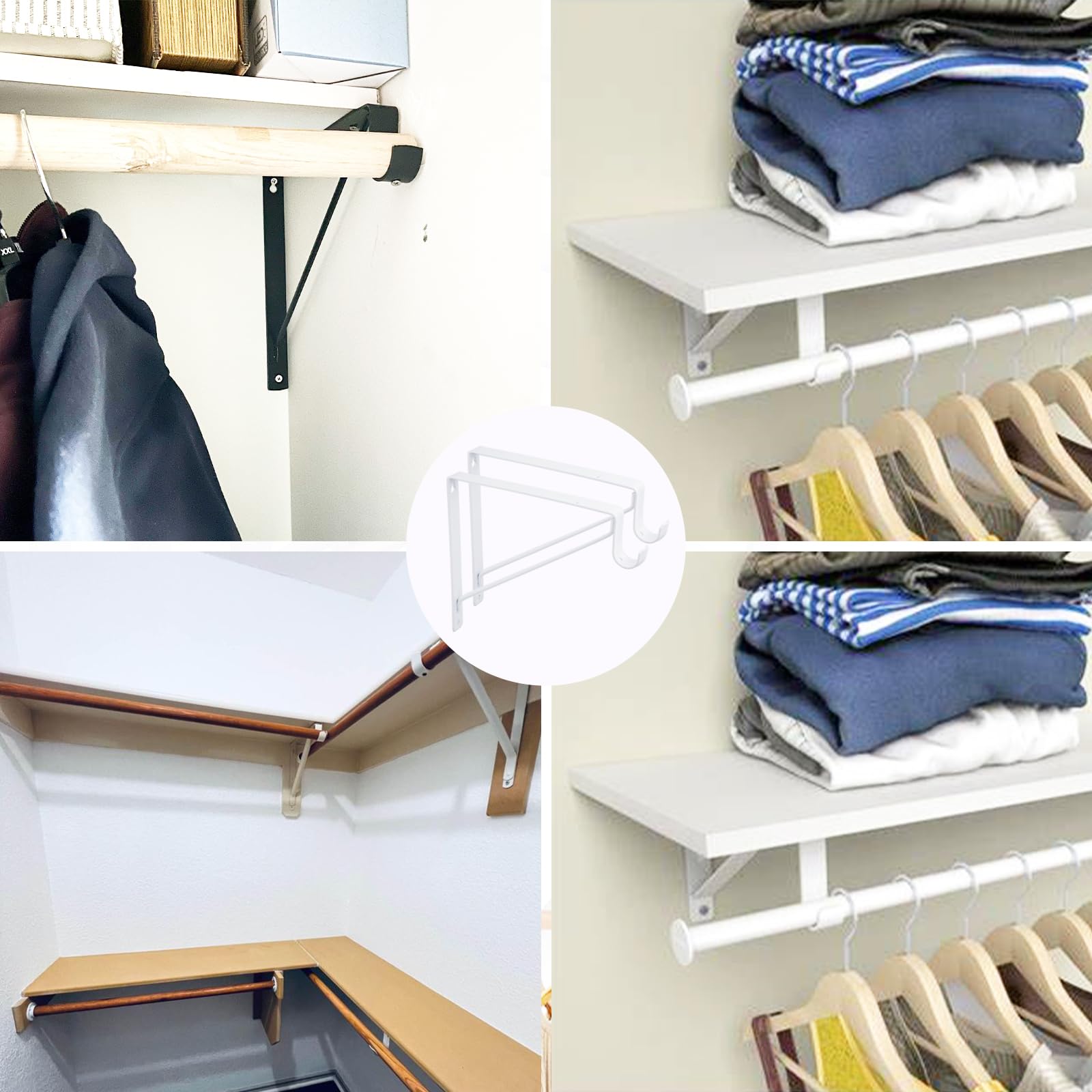 Heavy Duty 4 Pack White Closet Rod Brackets - Supports 1-3/8” Diameter Rods, 10.8” x 10.8” Shelf & Rod Holders for Sturdy Closet Organization - Perfect for Bedroom, Walk-in Closet, and Laundry Room Storage Solutions