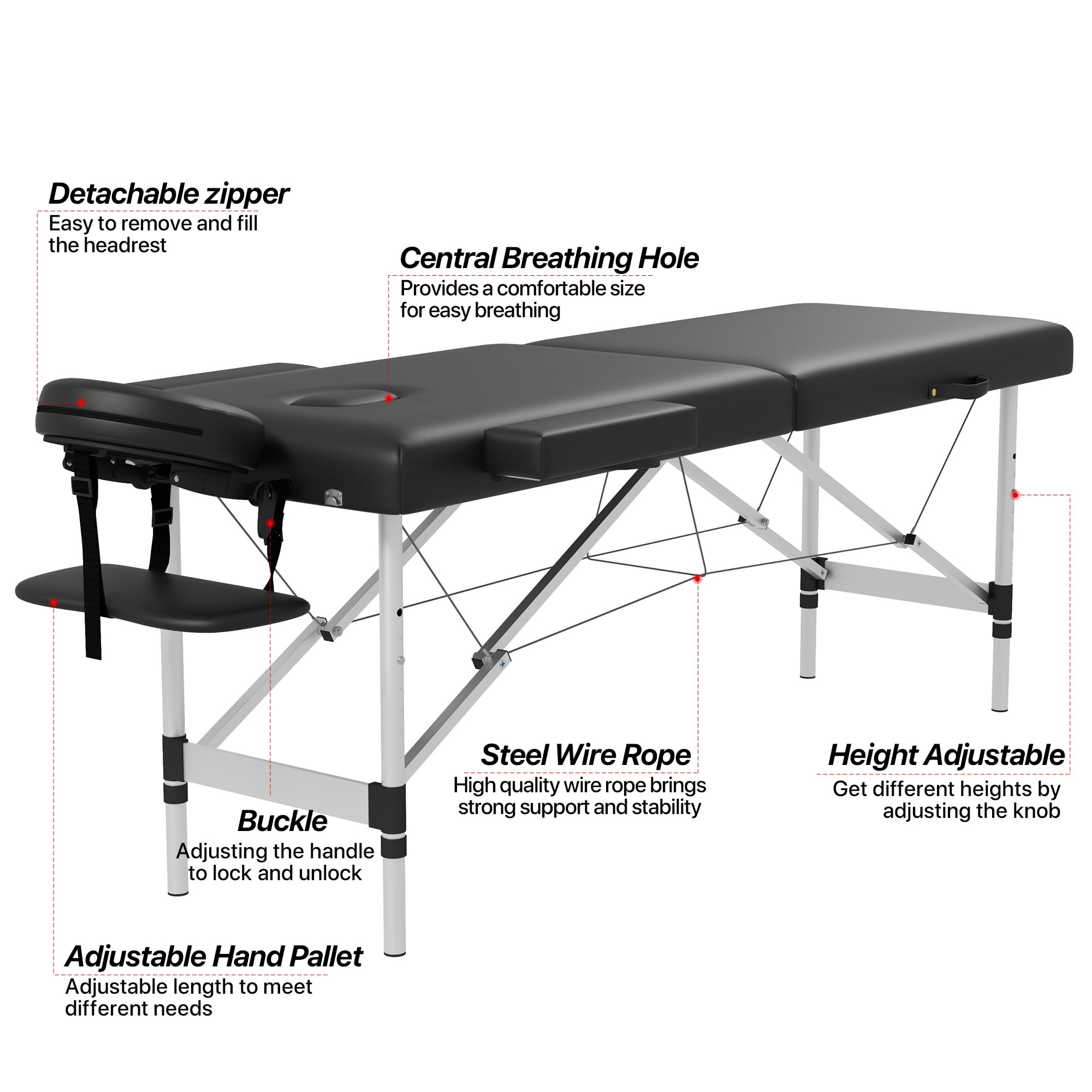 Portable 2-Section Foldable Massage Table - Adjustable Height Spa & Tattoo Bed with Face Cradle | Lightweight Aluminum Frame Salon Bed for Home, Facial & Lash Treatments | Perfect for Professional Therapists & Home Spa Use