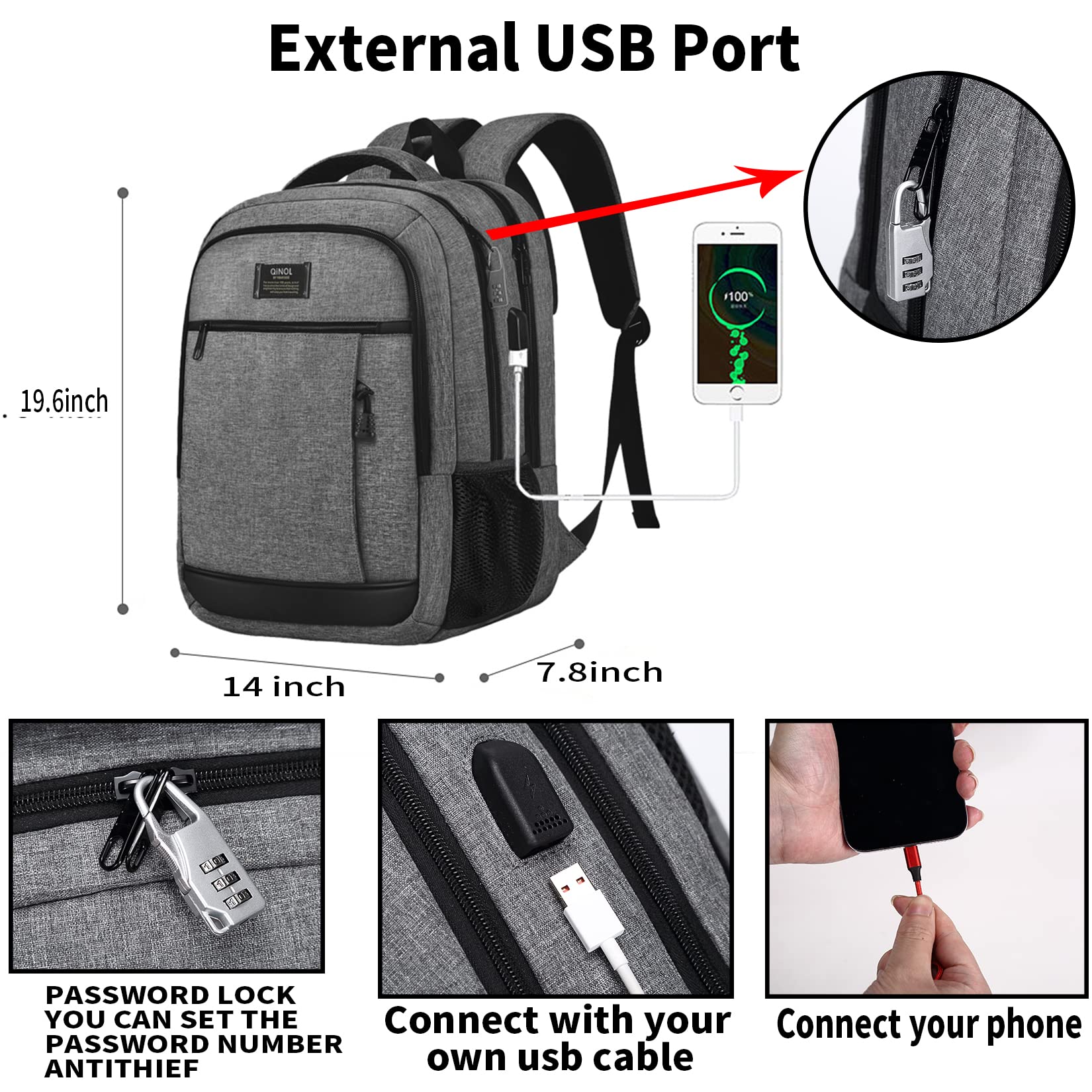 Anti-Theft Travel Laptop Backpack with USB Charging Port - 17.3 Inch Large Business Computer Bag for Men & Women (Grey) - Perfect for Commuting, Business Trips & College Students