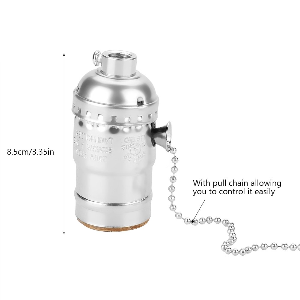 Vintage E27 Lamp Socket Replacement - Aluminum Pull Chain Light Holder with Screw Base Switch for Desk & Table Lamps - Silver Finish | Perfect for Home Office, Bedroom, and Living Room Lighting