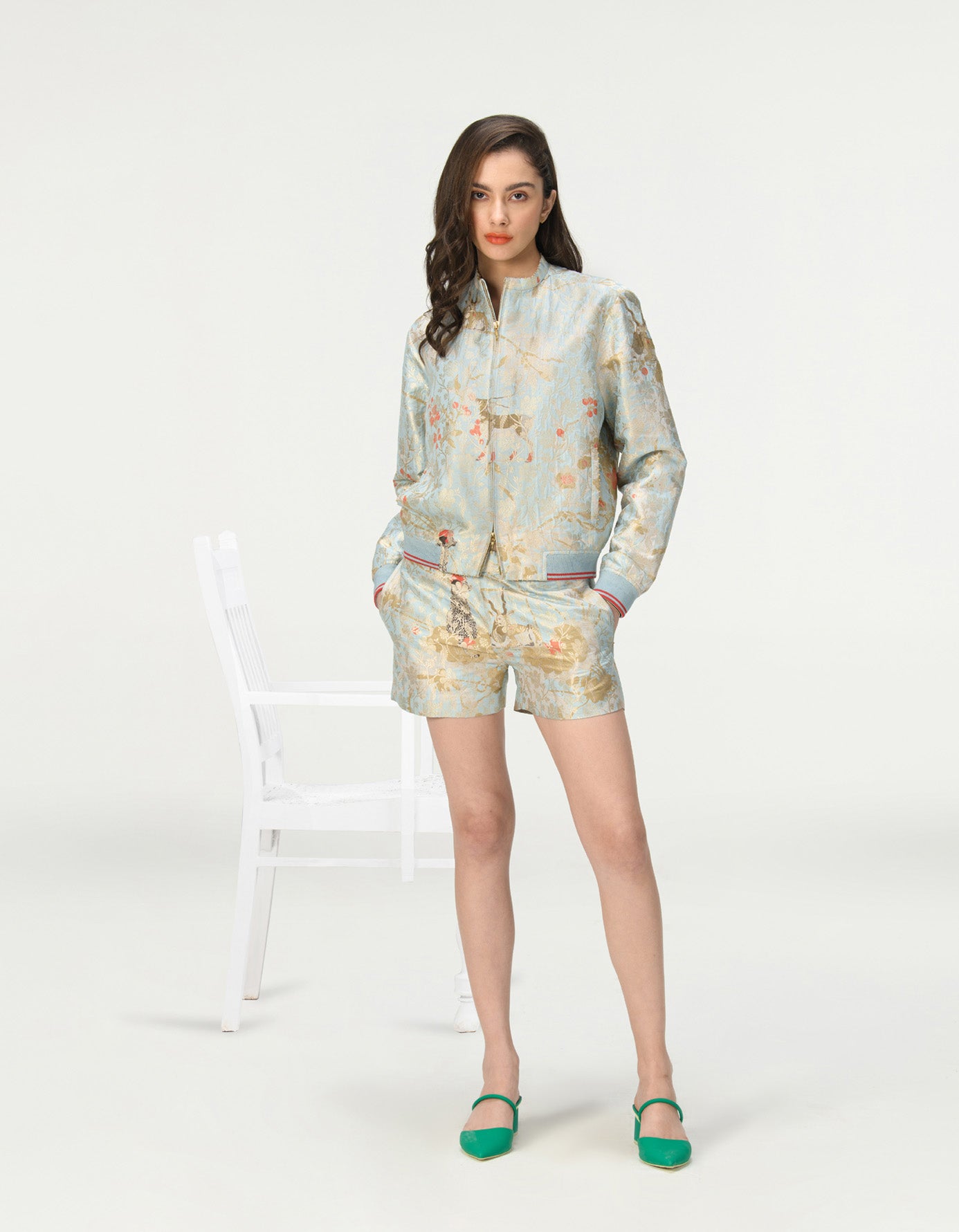 Silk Brocade Shorts in Ice Blue - Elegant Summer Loungewear & Sleepwear for Women