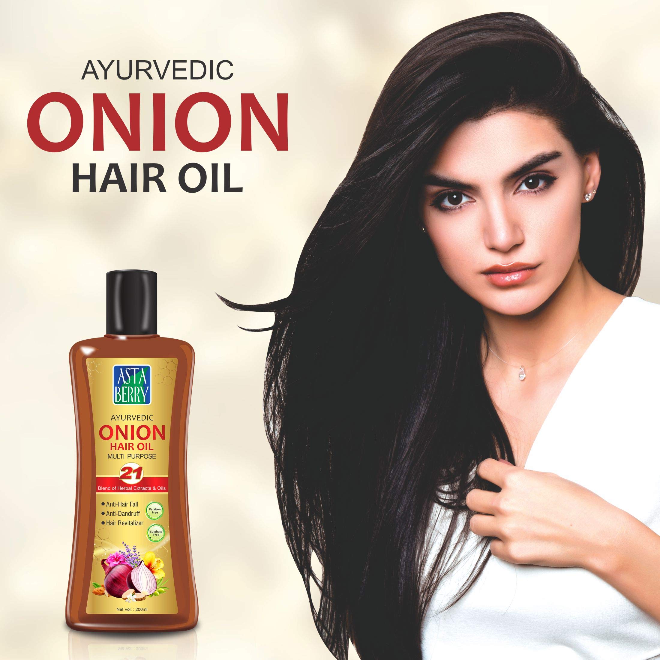 ASTABERRY Onion Hair Oil for Hair Growth & Thickness - 200ml Natural Hair Treatment with 21 Herbal Extracts | Anti-Hair Fall, Anti-Dandruff & Scalp Revitalizer | Promotes Stronger Roots & Healthy Hair | Perfect for Daily Hair Care, Styling & Damaged Hair Repair