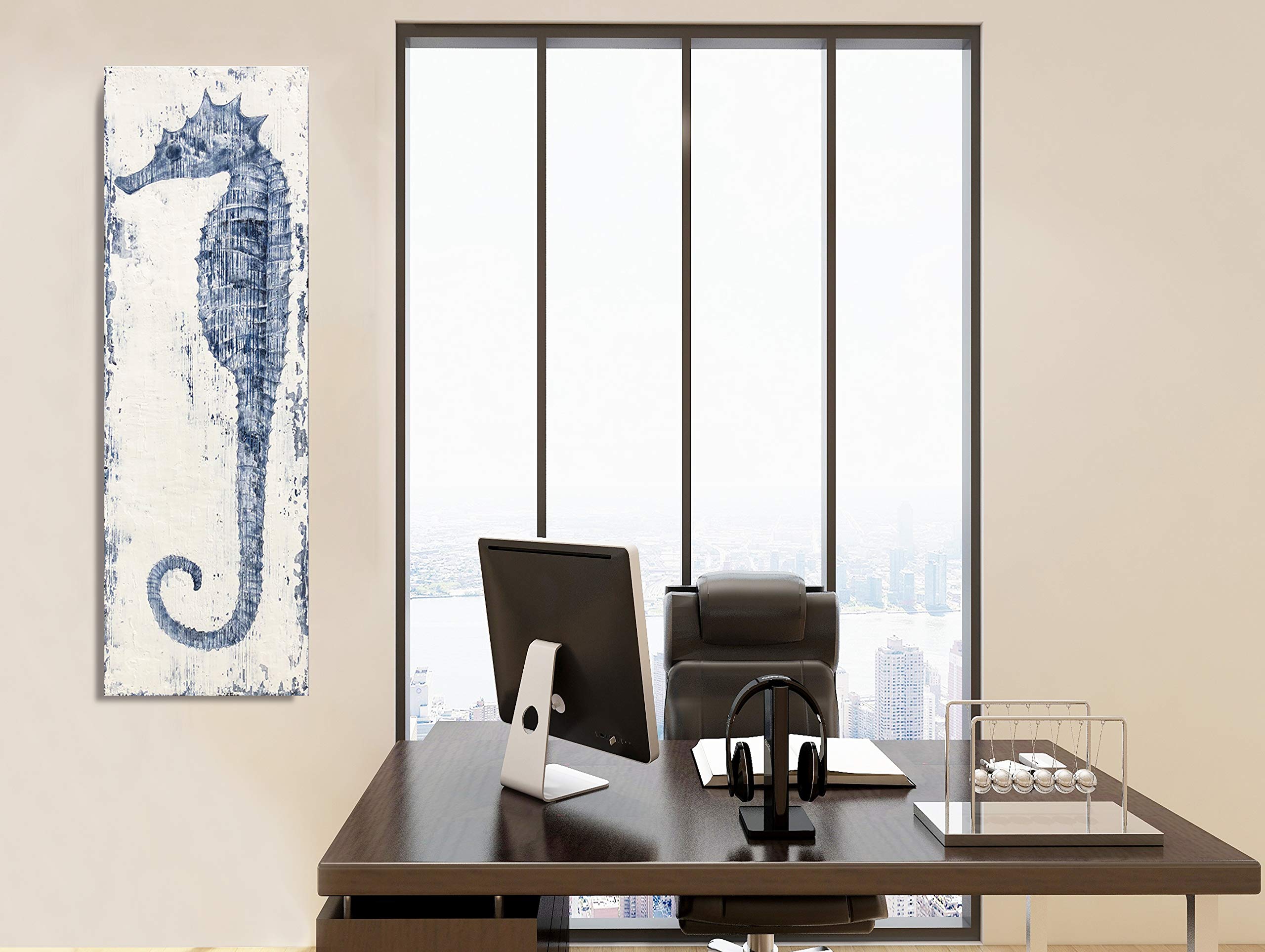 Hand-Painted Seahorse Abstract Canvas Wall Art - Stretched Wood Framed Ocean Blue Painting for Home & Office Decor | Perfect for Living Room, Bedroom or Beach House
