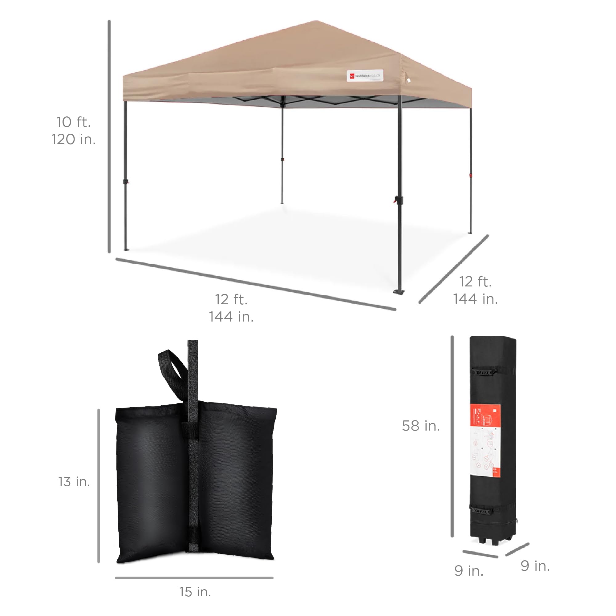 Best Choice Products 12x12ft 1-Person Instant Pop Up Canopy Tent - Portable Shelter with Easy 1-Button Setup, Carrying Case & 4 Weight Bags (Tan) - Perfect for Outdoor Events, Camping, Beach Trips and Backyard Gatherings