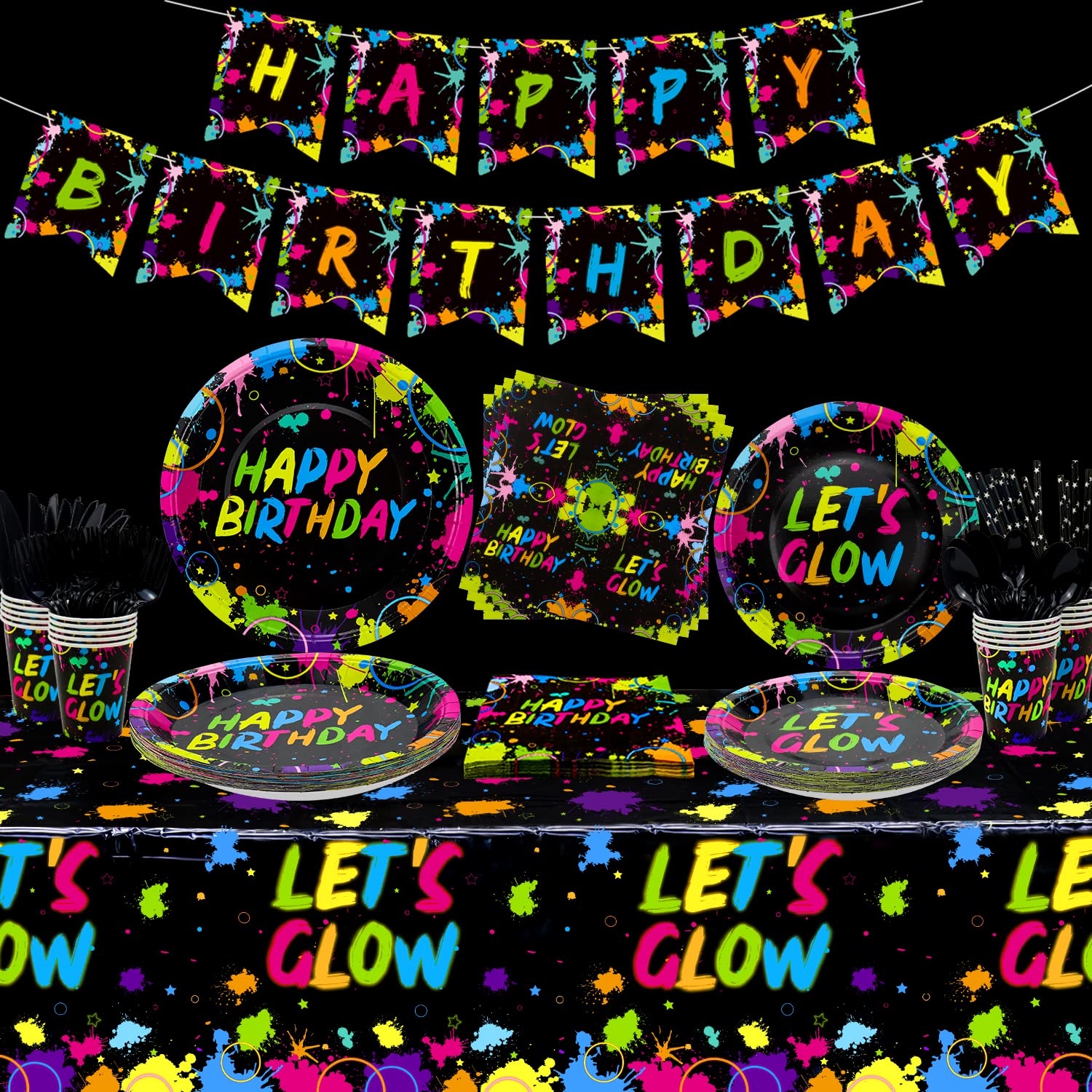 167-Piece Glow in the Dark Party Supplies Set - Neon Birthday Banner, Plates, Napkins, Cups, Tablecloth, Cutlery & Straws for Blacklight Party Decorations (Serves 20) - Perfect for Glow Parties, Raves, Birthday Celebrations & Nightclub Events
