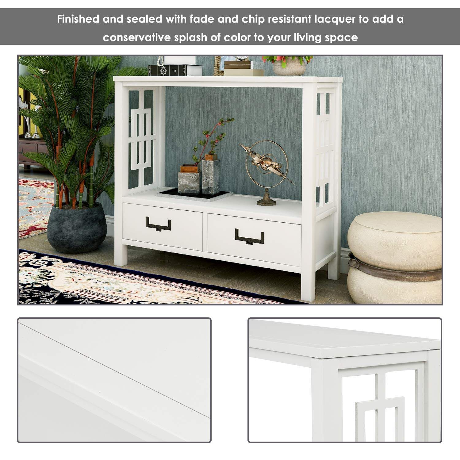 Rustic Pine Wood Console Table with 2 Drawers & Storage Shelf - Farmhouse Narrow Sofa Table for Entryway, Living Room, Bedroom or Hallway - Perfect for Small Space Organization & Home Decor (White Finish)