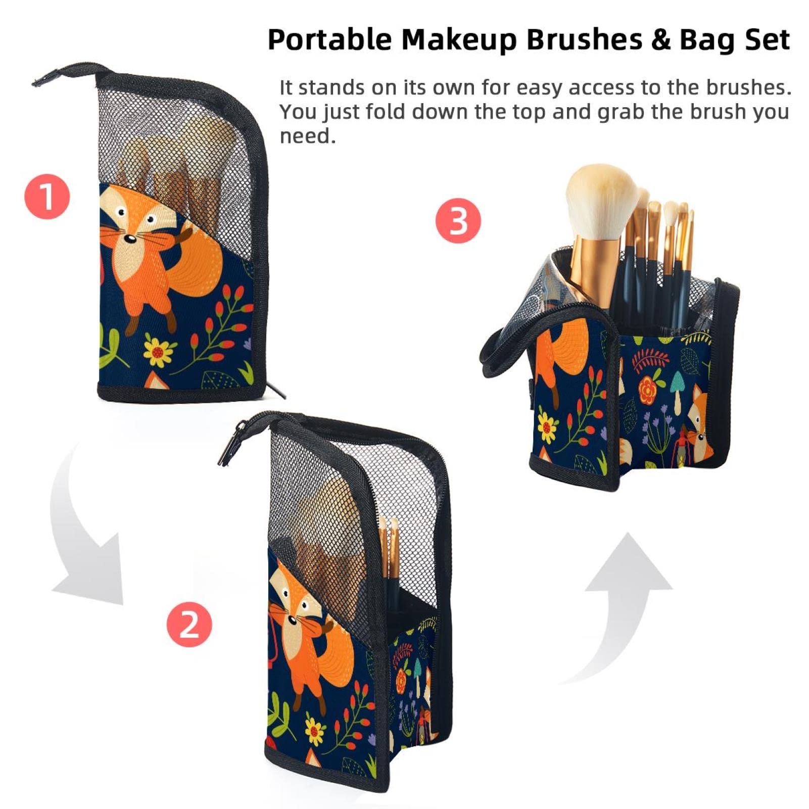 12-Piece Makeup Brush Organizer Bag with Flower & Animal Fox Design - Portable Cosmetic Brush Holder Case for Travel, Home & Professional Makeup Artists