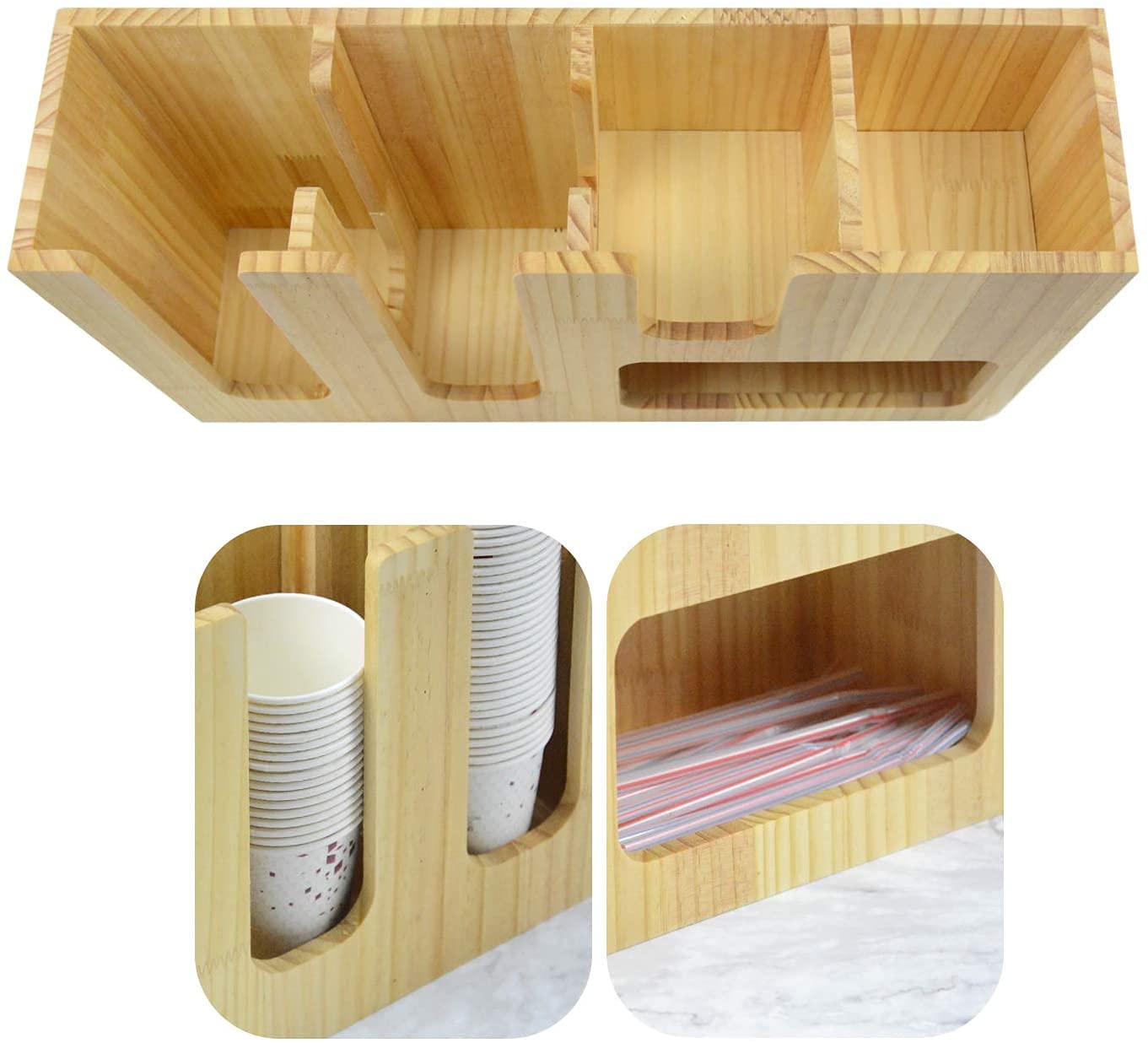 Stackable Cup & Lid Organizer with Coffee Condiment Storage - Wooden Breakroom Organizer for Coffee Pods, Tea Bags & Disposable Cups | Perfect for Office, Kitchen & Pantry Organization