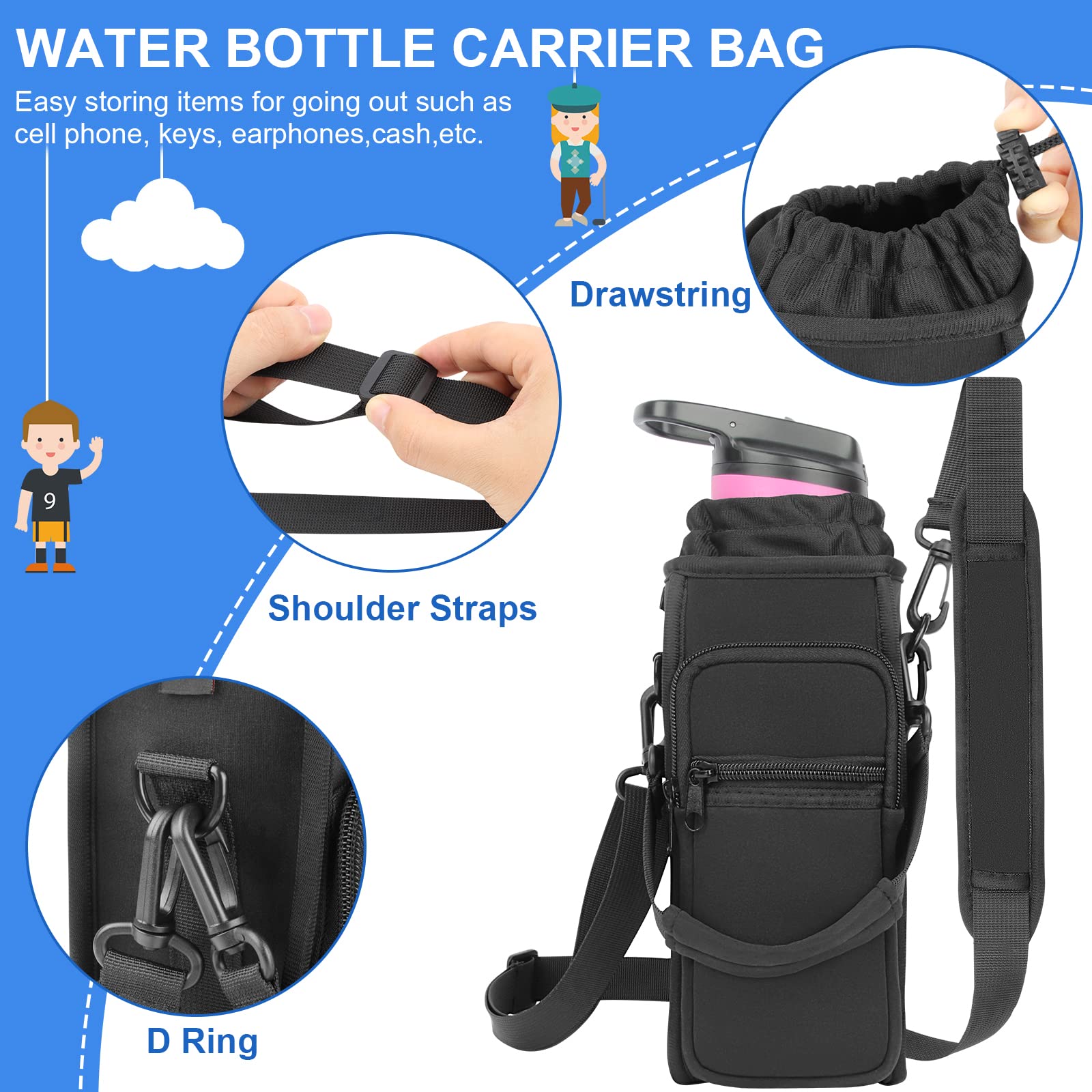 Bike Water Bottle Holder with Shoulder Strap & Pocket - Universal Cup Holder Sling for Mountain Bikes, Walking Strollers, Scooters & Sports Accessories - Durable Bottle Carrier Sleeve for Cycling, Hiking & Outdoor Activities