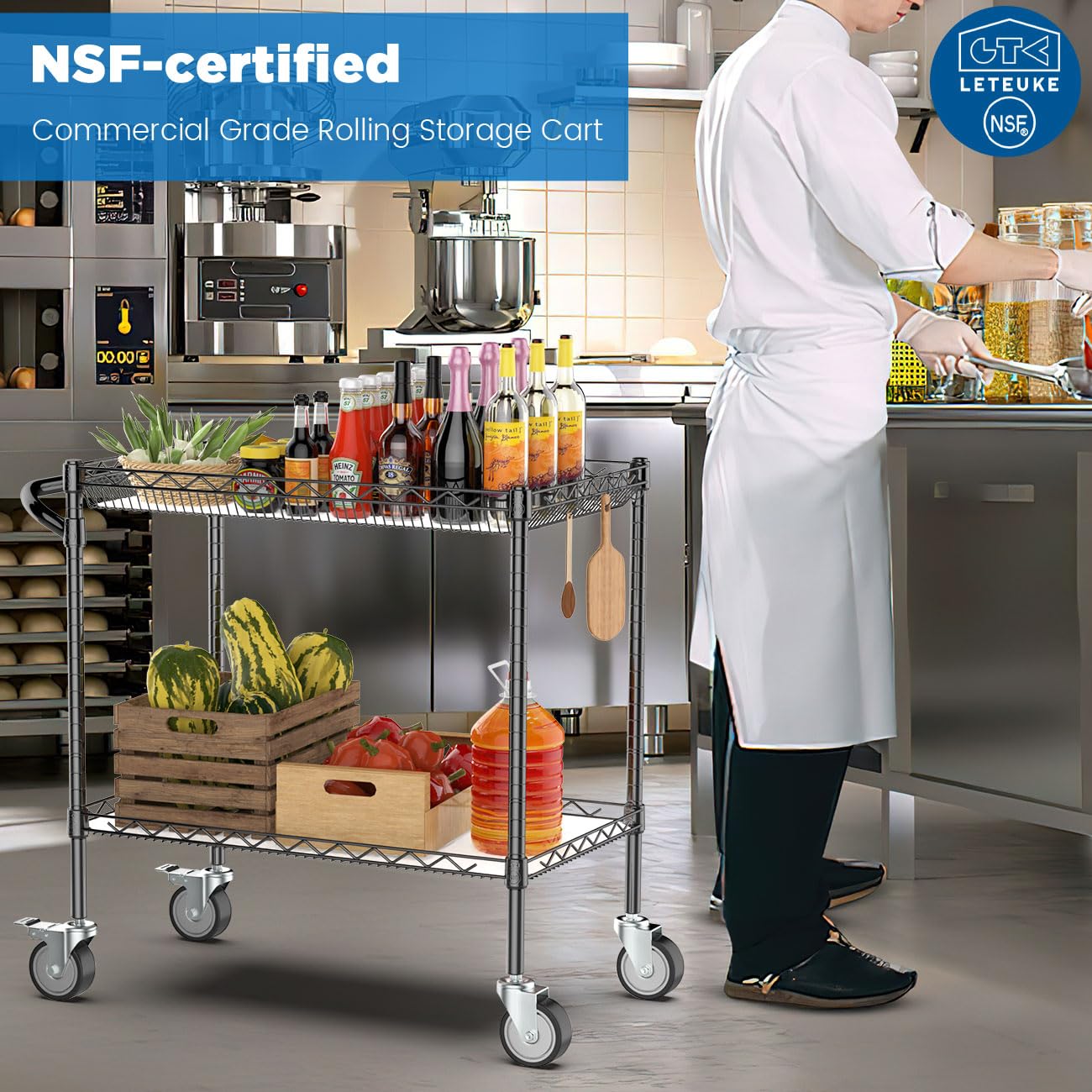 Leteuke Heavy Duty Utility Cart with Wheels - 900LBS Capacity Rolling Work Cart with Handle for Outdoor Cooking, Perfect for Blackstone Griddle, Ninja Grill, Pizza Oven, BBQ & Kitchen Use - Ideal for Patio, Backyard, Camping & Commercial Kitchens (Black)