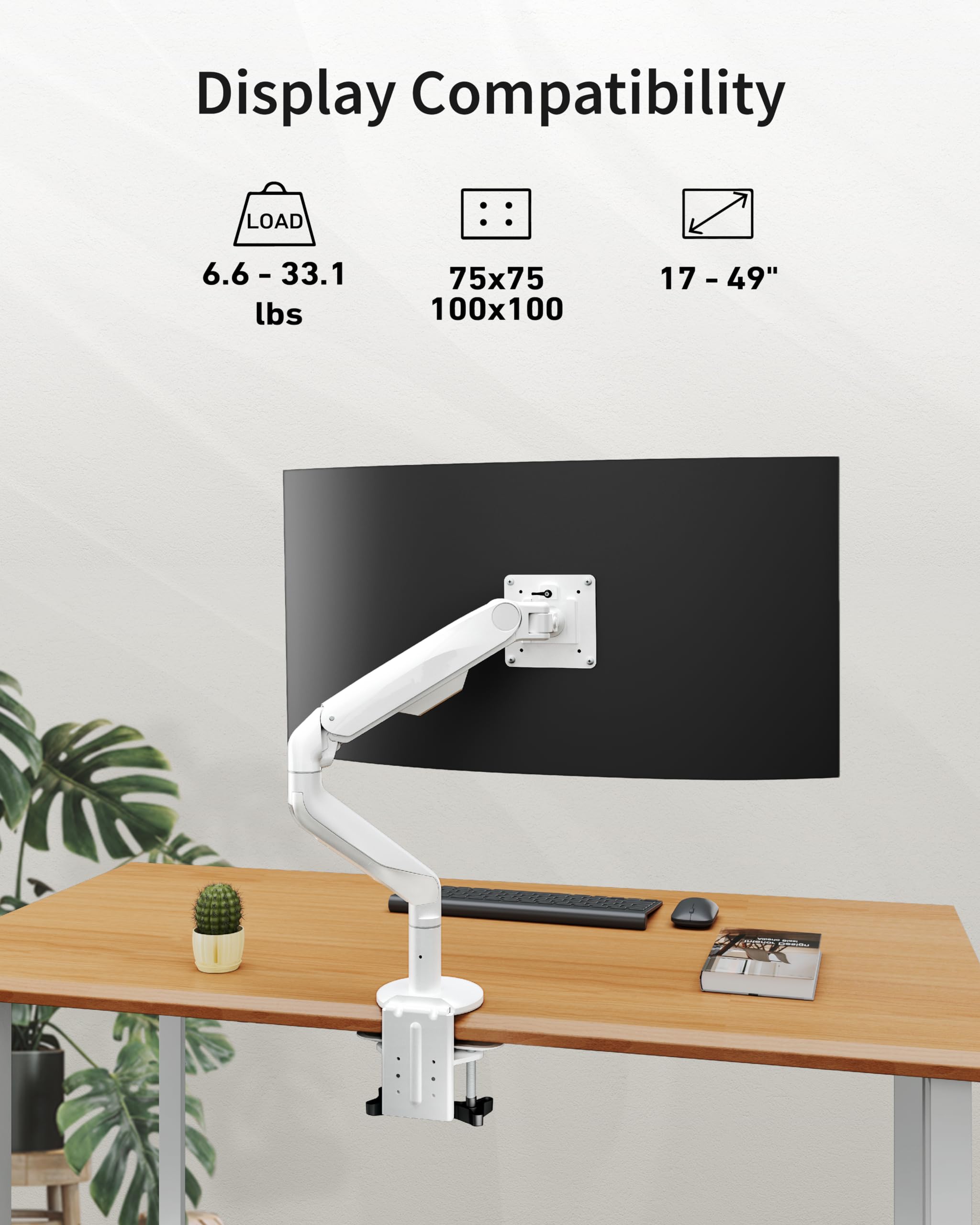 Ergonomic Single Monitor Arm for 17-40 Inch Flat/Curved Screens up to 33.1 lbs - Heavy Duty VESA Mount Desk Stand with Full Motion Adjustability (White) - Perfect for Home Office, Gaming Setup & Workspace Ergonomics