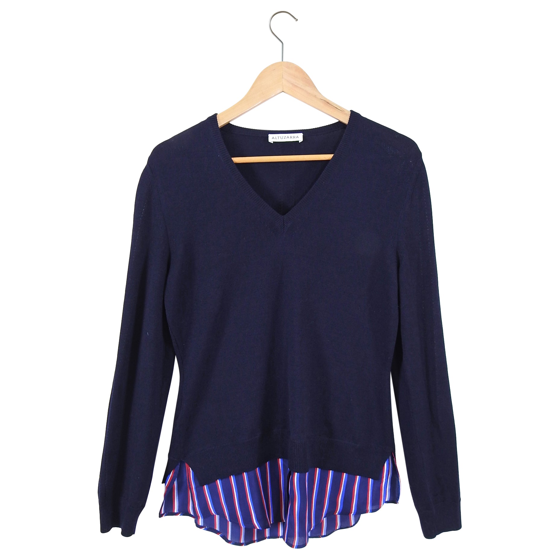 Altuzarra Colbery Navy Knit Top with Striped Shirt Inset - Women's Fashion Blouse for Work & Casual Wear | Perfect for Office, Date Night & Everyday Outfits