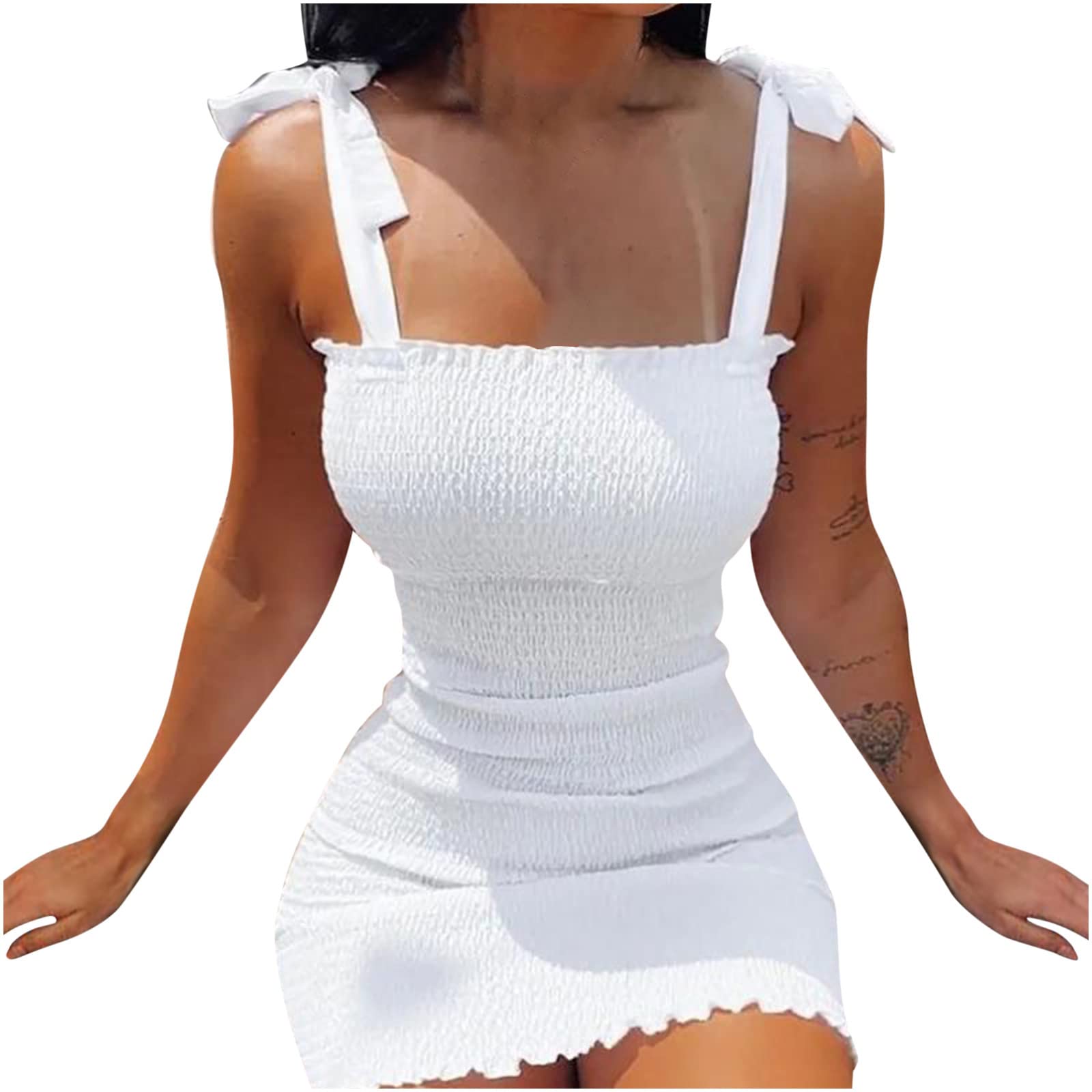 2022 Women's Summer Dresses - Solid Color Lace Sling Straps Sleeveless Elastic Pleated Waist Dress, Plus Size V-Neck Short Sleeve High Waist Tie | Perfect for Beach Vacations, Date Nights & Summer Parties