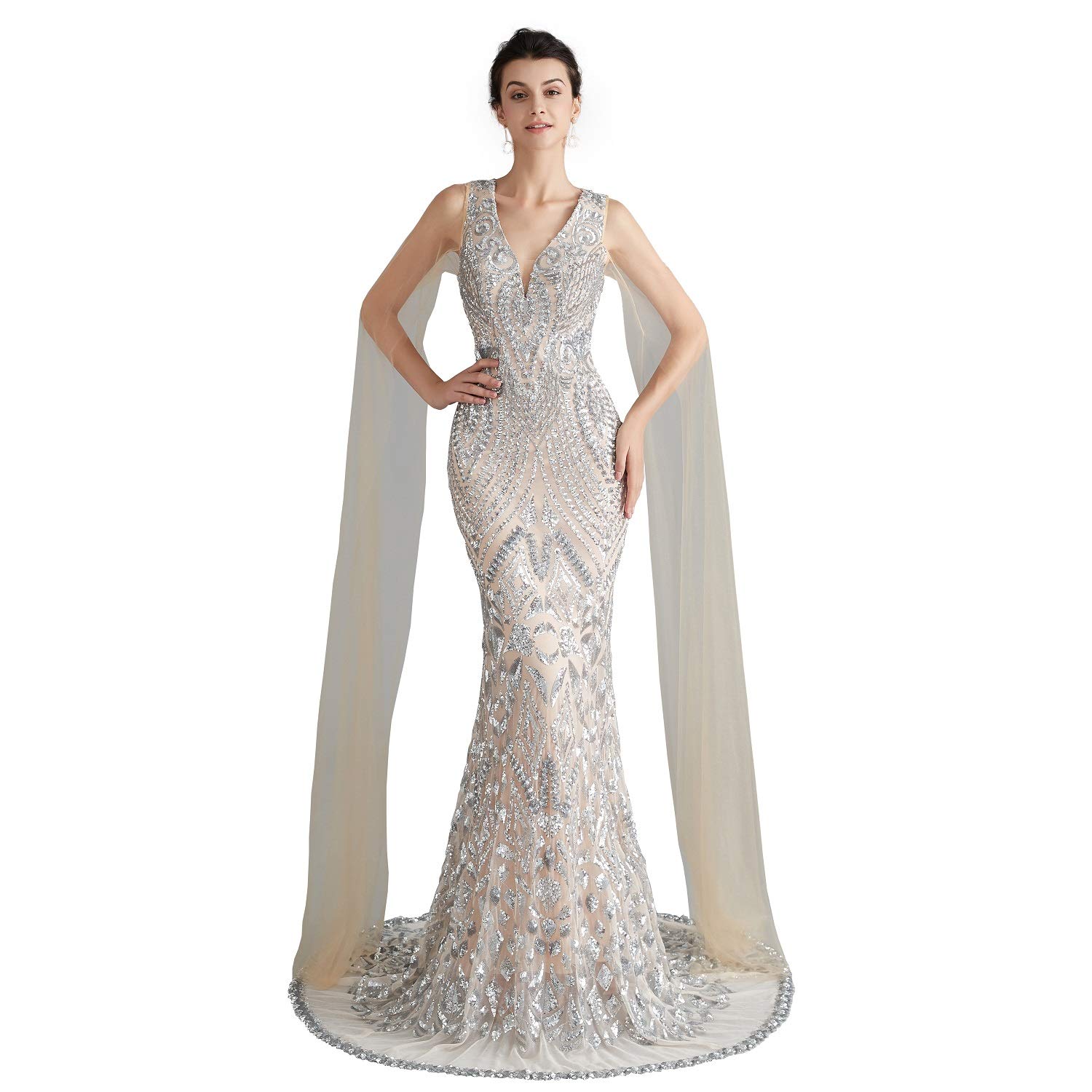 Engerla Sequin Prom Dress Mermaid Evening Gown - Silver Glitter Party Maxi Dress with V Neck for Bridal, Homecoming, Pageant & Formal Events