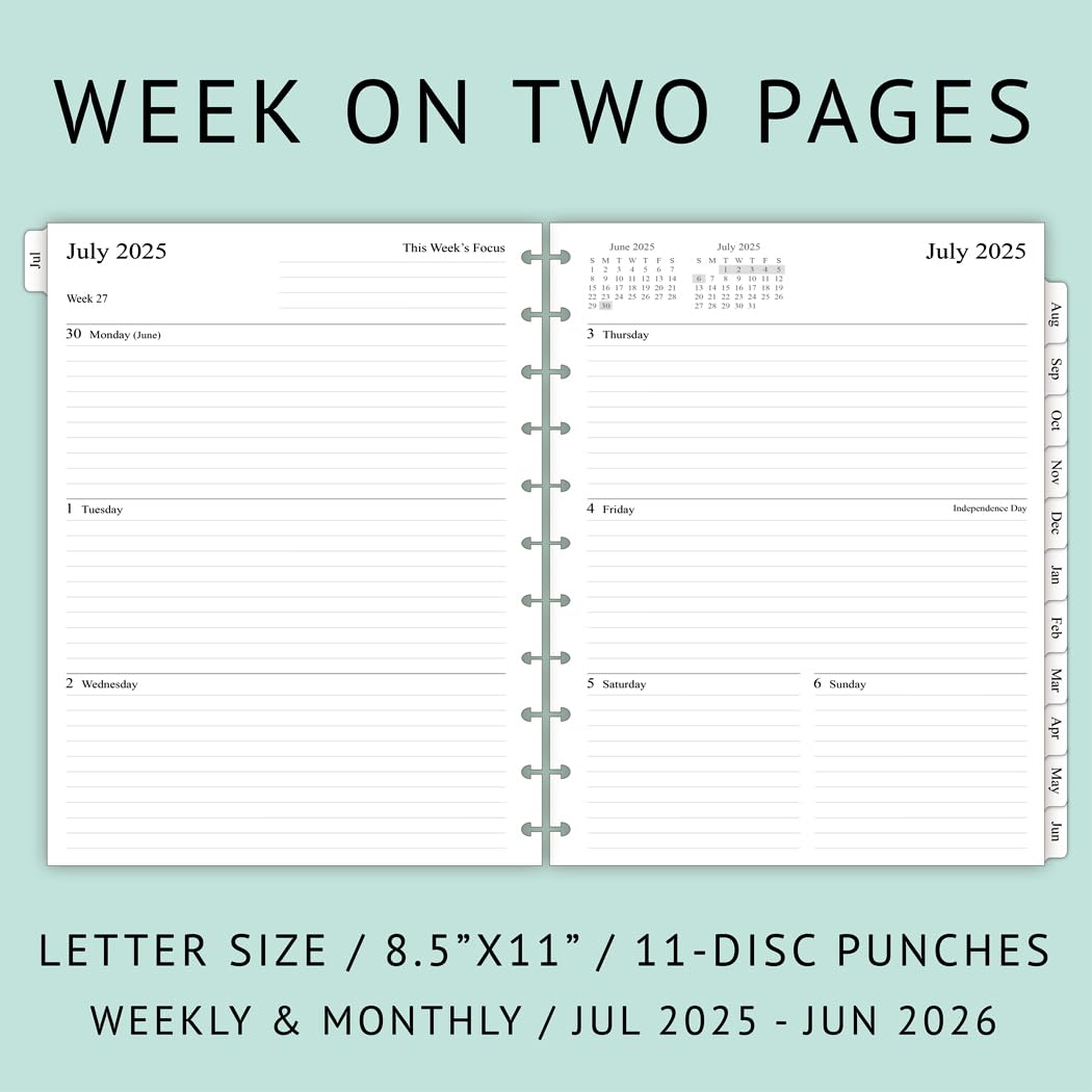 2025-2026 Weekly Planner Refill Pages for 11-Discbound Notebooks | July 2025 - June 2026 Calendar | Monthly Tabs & 11-Disc Punch Holes | Letter Size 8.5