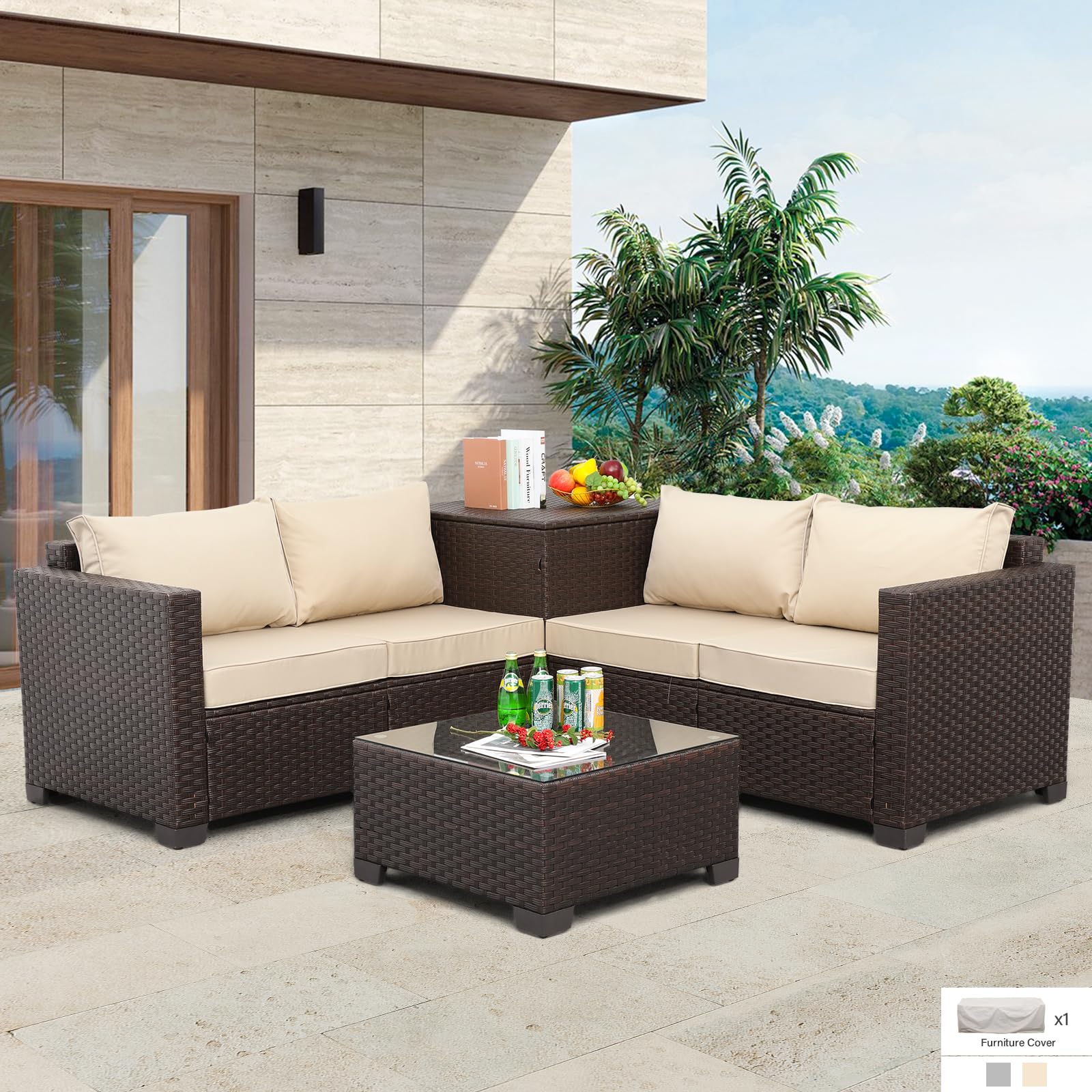 4-Piece Brown PE Wicker Patio Furniture Set - Outdoor Rattan Sectional Sofa with Storage Box, Side Table & Khaki Cushions | Perfect for Backyard, Garden, Poolside & Balcony Relaxation