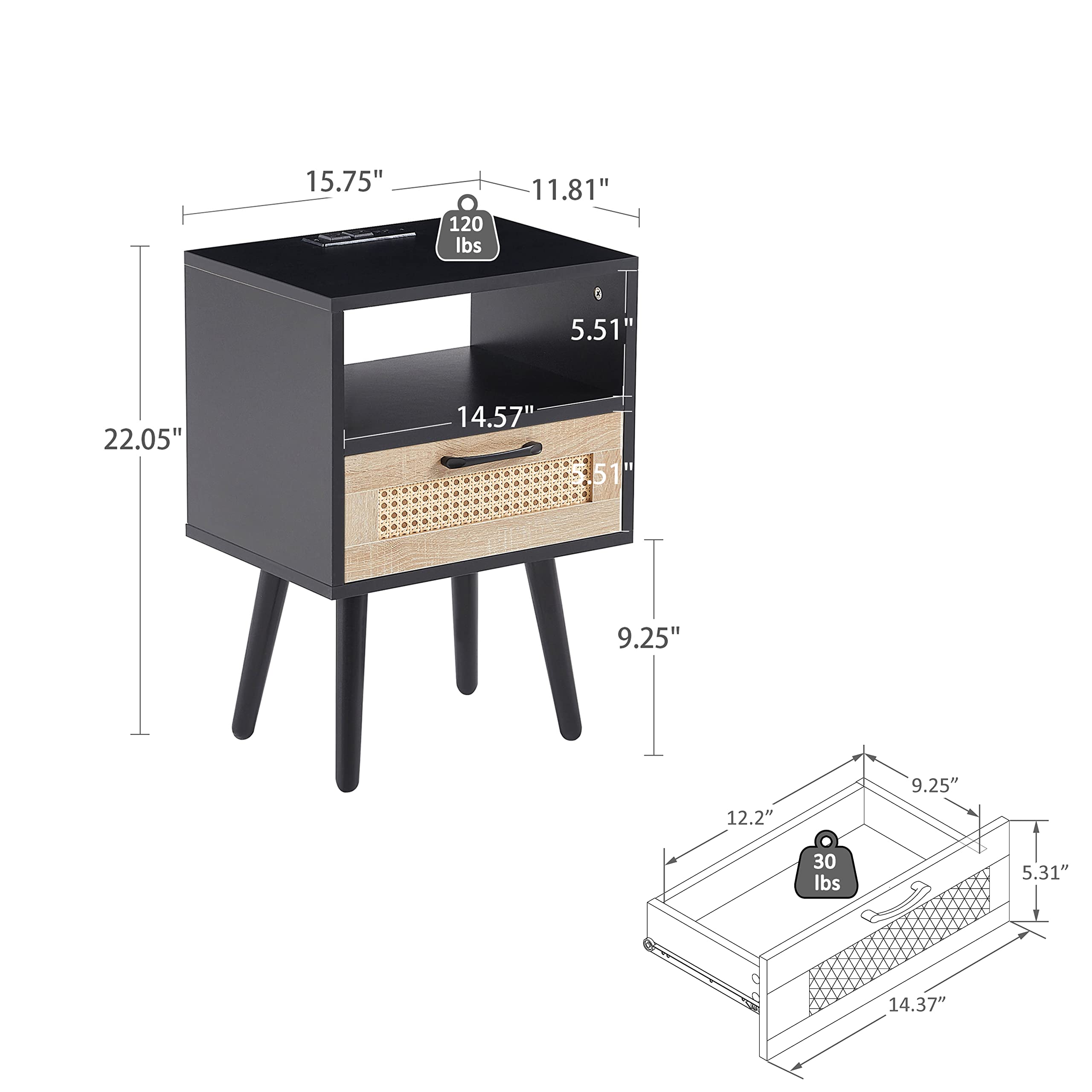 2-Piece Rattan Nightstand Set with Power Outlet & USB Ports - Boho Bedside Table with Solid Wood Legs & Drawer - Modern End Table for Bedroom, Living Room (Black) - Perfect for Charging Devices & Bedroom Organization