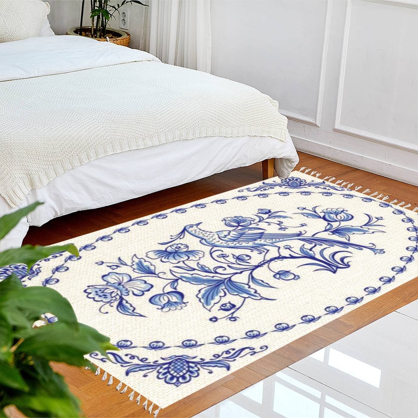 Boho Rug with Bird and Flower Dutch Design - Non-Slip Area Rug for Patio, Hallway, Living Room & Bedroom | Indoor Outdoor Minimalist Home Decor for Cozy Boho Chic Spaces
