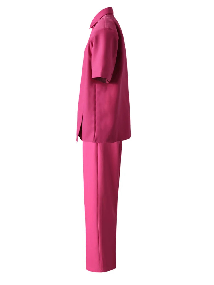Women's Big Size Rose Red Shirt & Wide Leg Pants Two-Piece Suit - 2025 Spring Summer Fashion Trendy Lapel Short Sleeve Outfit (CPG3119) | Perfect for Office Wear, Date Night & Summer Parties