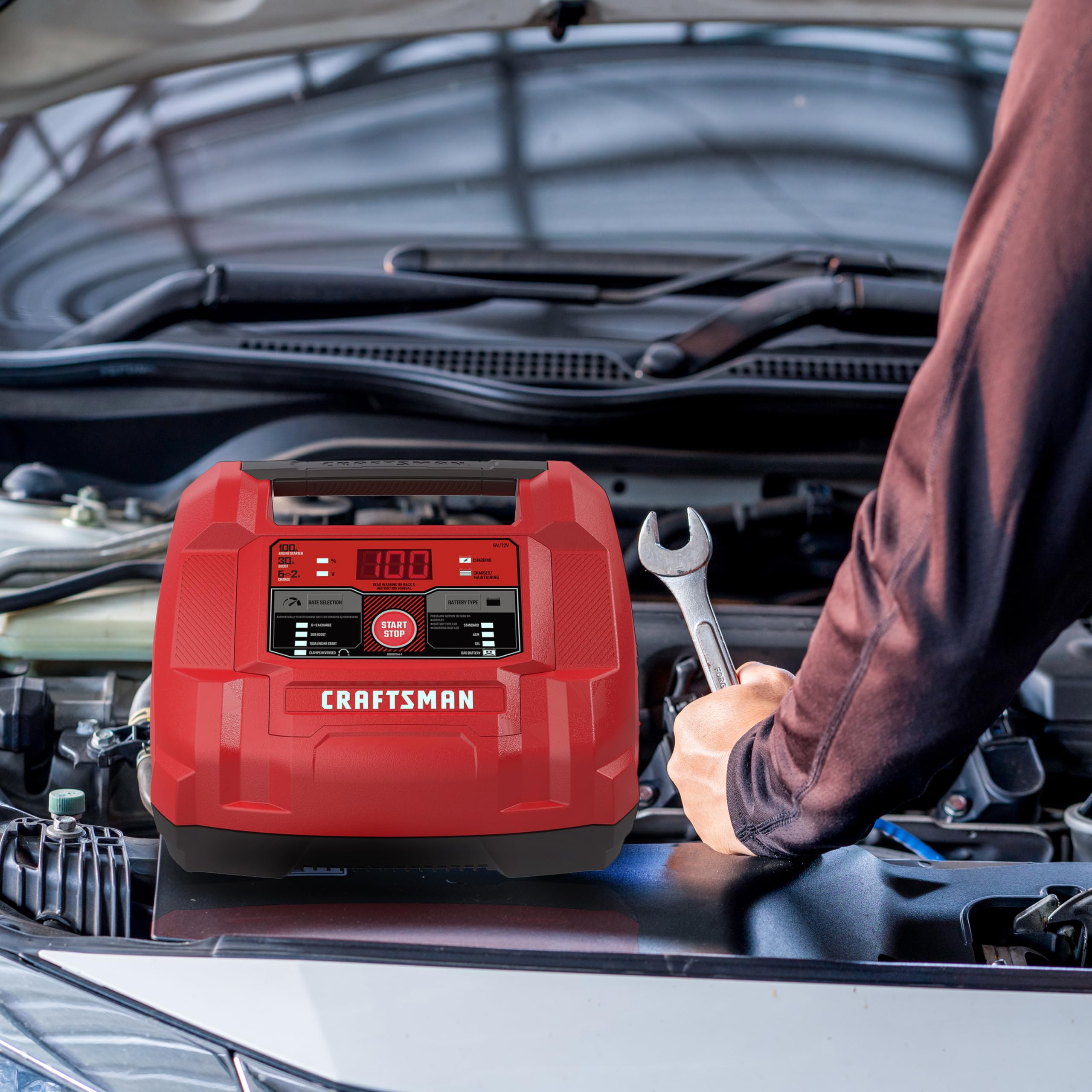 CRAFTSMAN 6-in-1 Fully Automatic Battery Charger & Engine Starter CMXCESM253 - 100 Cranking Amps, 6V/12V Battery Tester & Alternator Tester for Car, SUV, Truck & Marine Batteries - Perfect for Roadside Emergencies & Winter Vehicle Maintenance