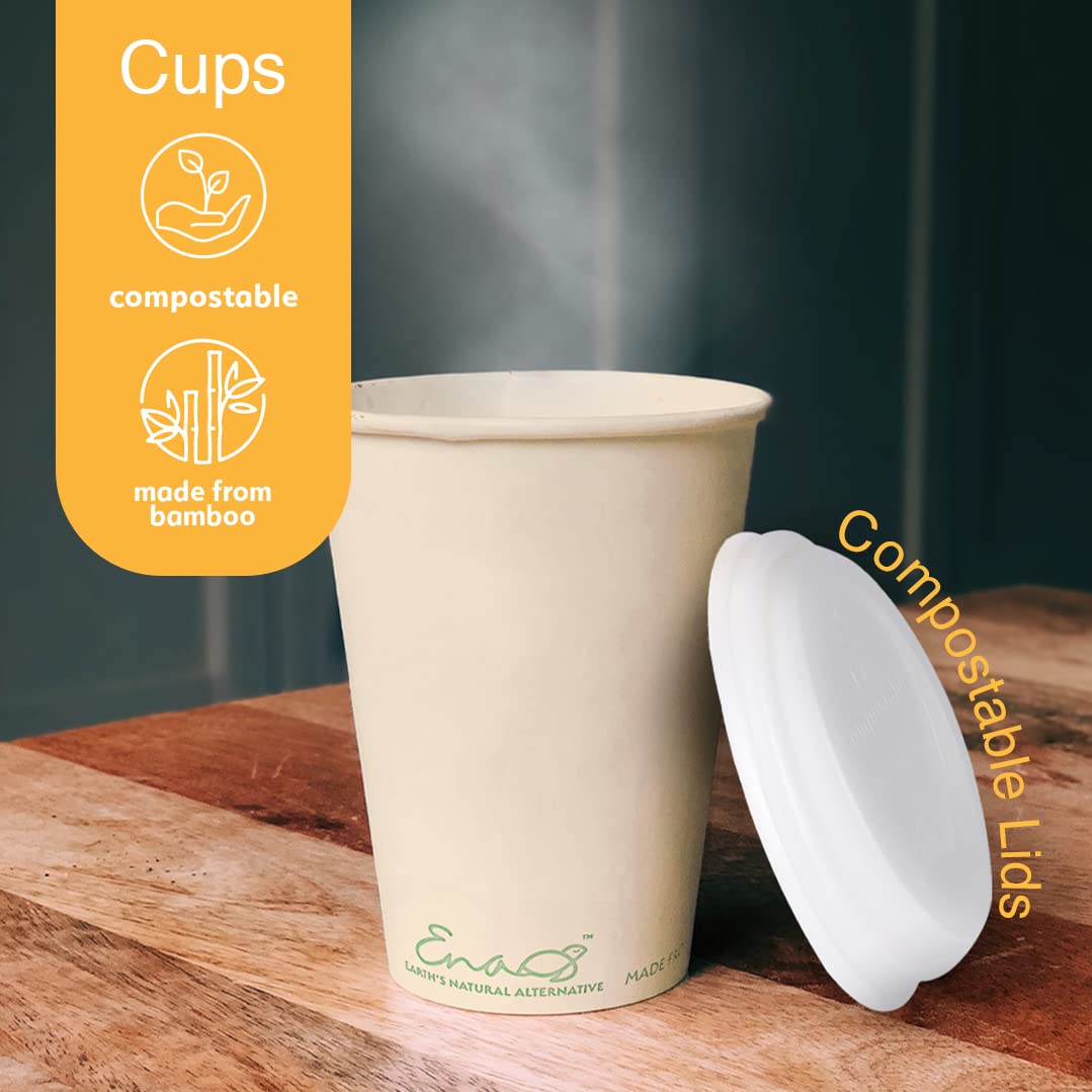Eco-Friendly 12oz Compostable Coffee Cups with Lids - 80 Pack | Unbleached Bamboo Fiber Paper Cups & Compostable Lids | Sustainable Disposable Coffee Cups for Office, Cafes, and Takeout | by Earth's Natural Alternative