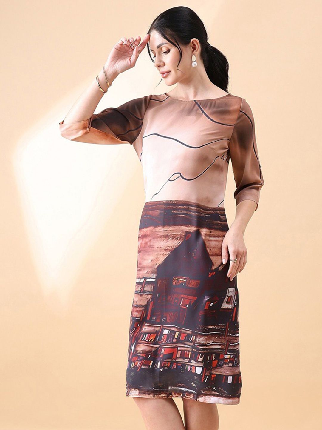 Elegant A-Line Printed Dress in Brown - Perfect for Casual Outings, Office Wear & Special Occasions