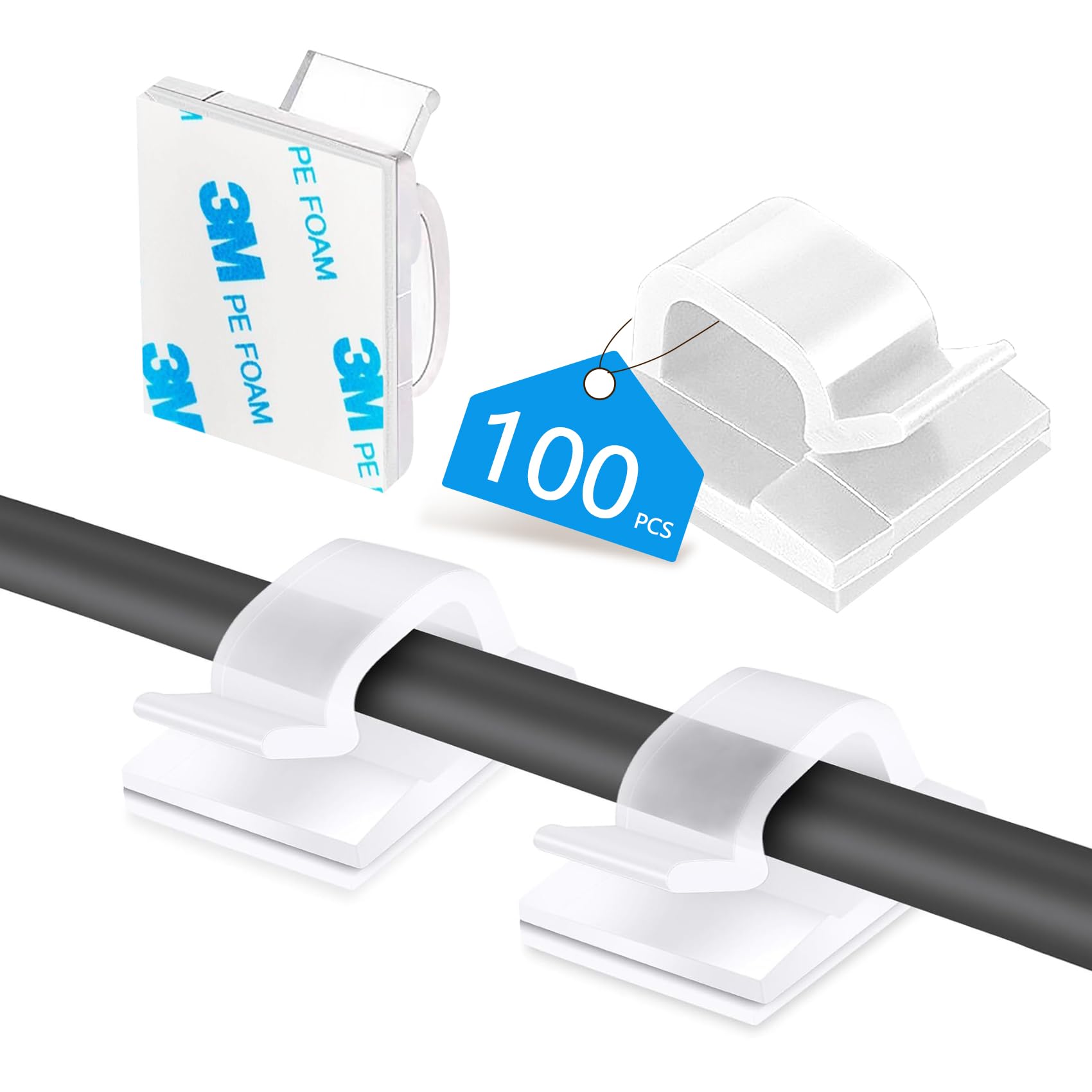 100PCS Clear Adhesive Cable Clips - Strong Wire Organizer for Wall, Desk, TV & Ethernet Cords - Perfect for Christmas Lights, String Lights & PC Cable Management (Indoor/Outdoor Use)