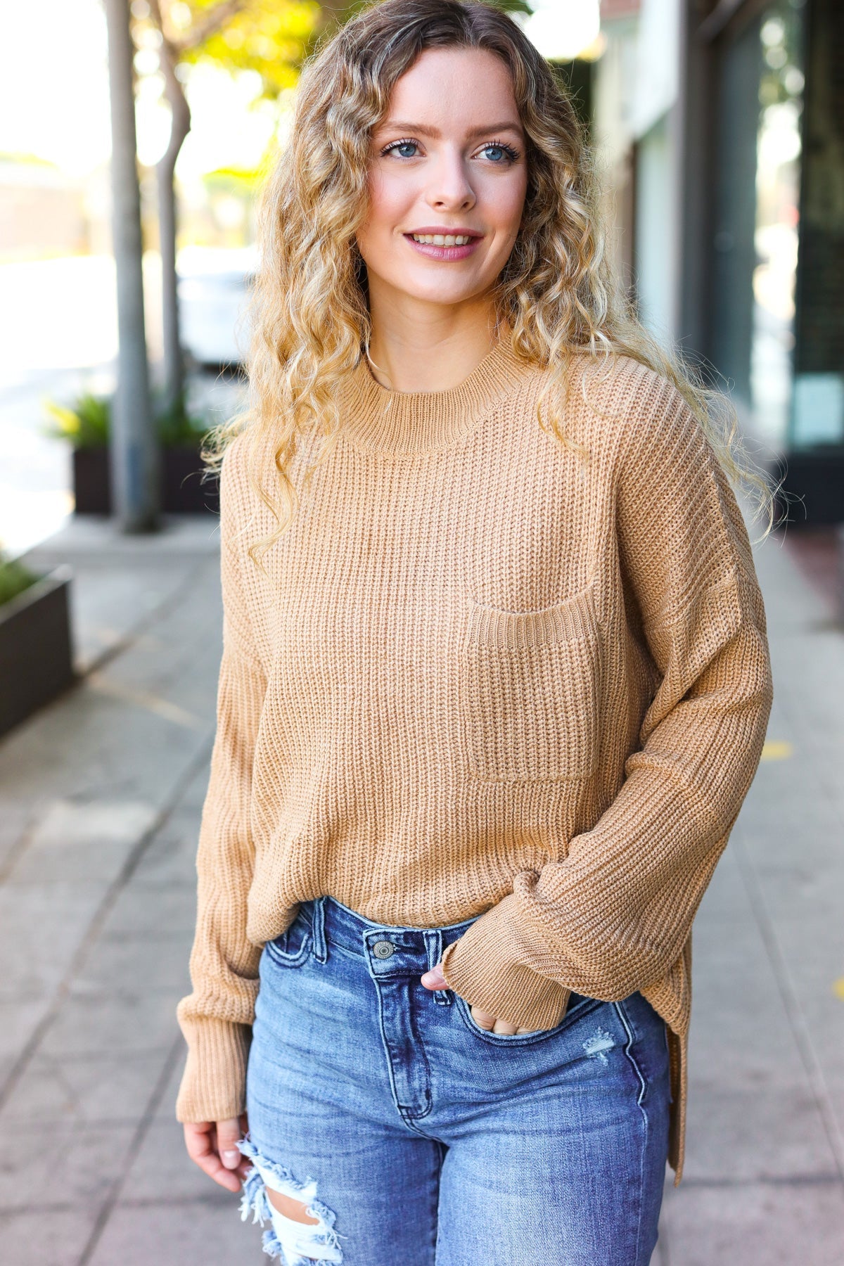 Elegant Taupe Mock Neck Knit Sweater with Chest Pocket - Women's Casual Winter Pullover for Office & Date Night
