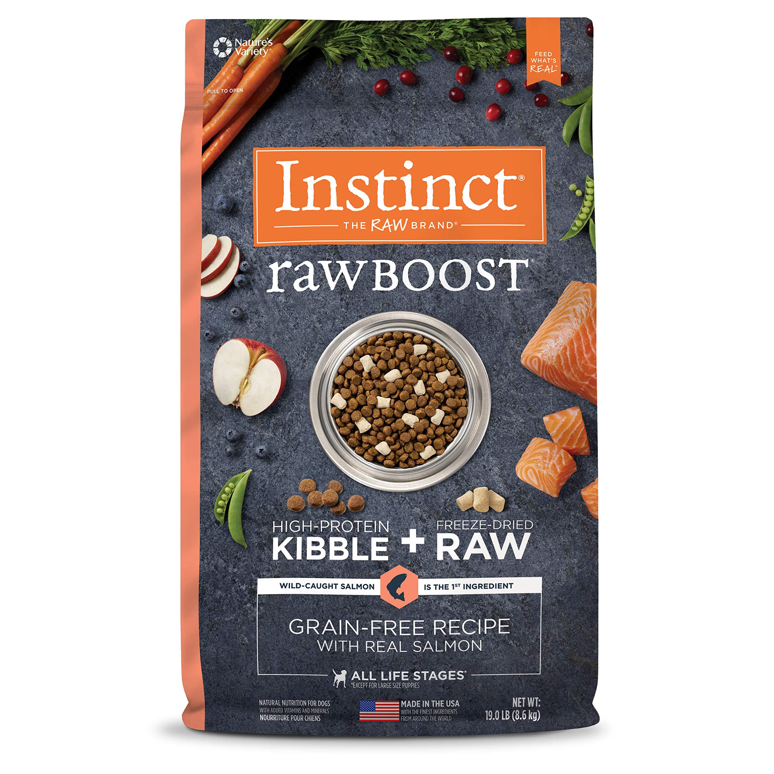 Instinct Raw Boost Natural Dry Dog Food with Freeze Dried Pieces - High Protein Grain Free Recipe, Real Salmon Flavor, 19 lb Bag - Perfect for Active Dogs & Puppy Nutrition