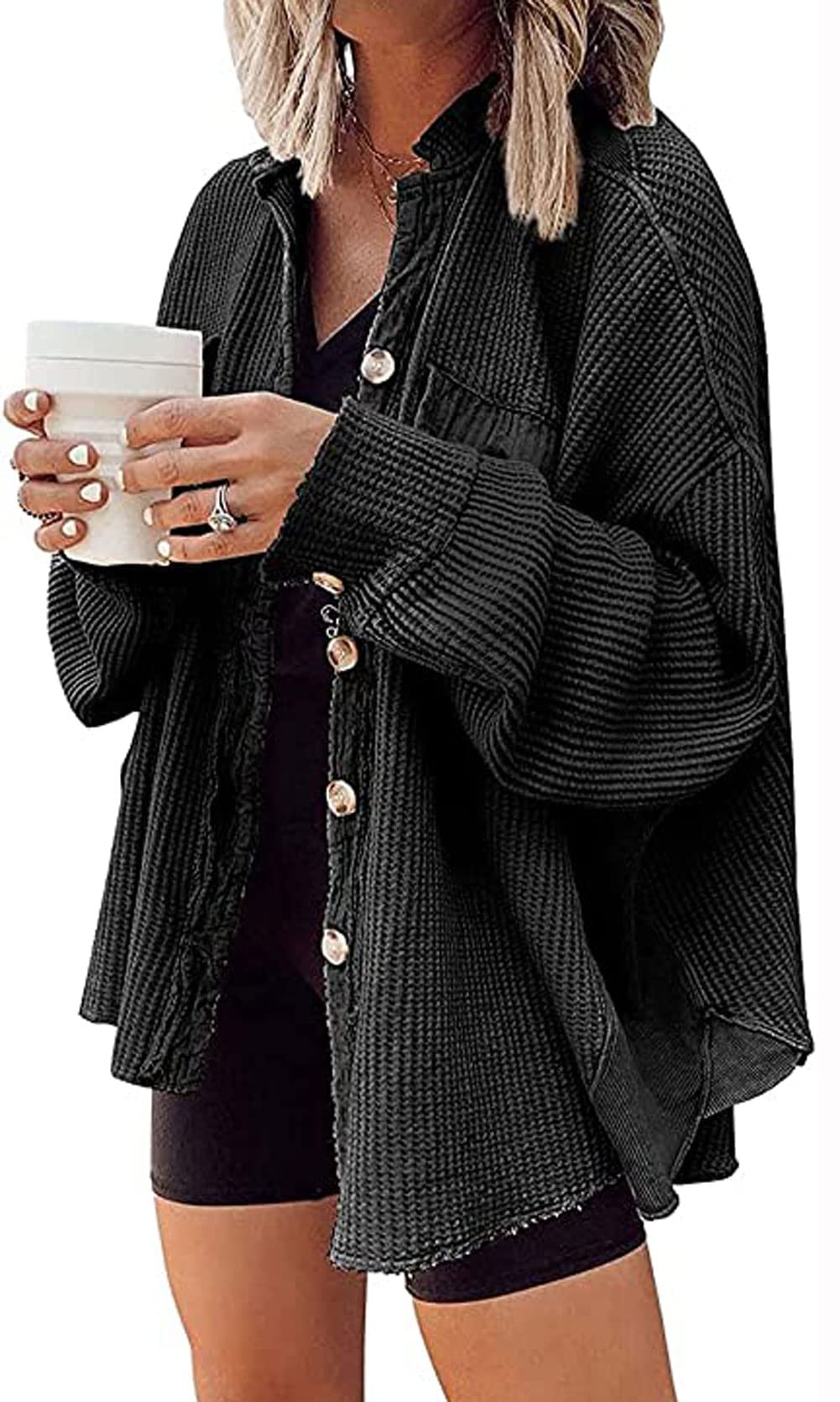 Loveimgs Women's Oversized Waffle Knit Shirt - Corduroy Long Sleeve Button Down Shacket Jacket for Fall | Casual Outfit, Layering Essential & Cozy Autumn Fashion