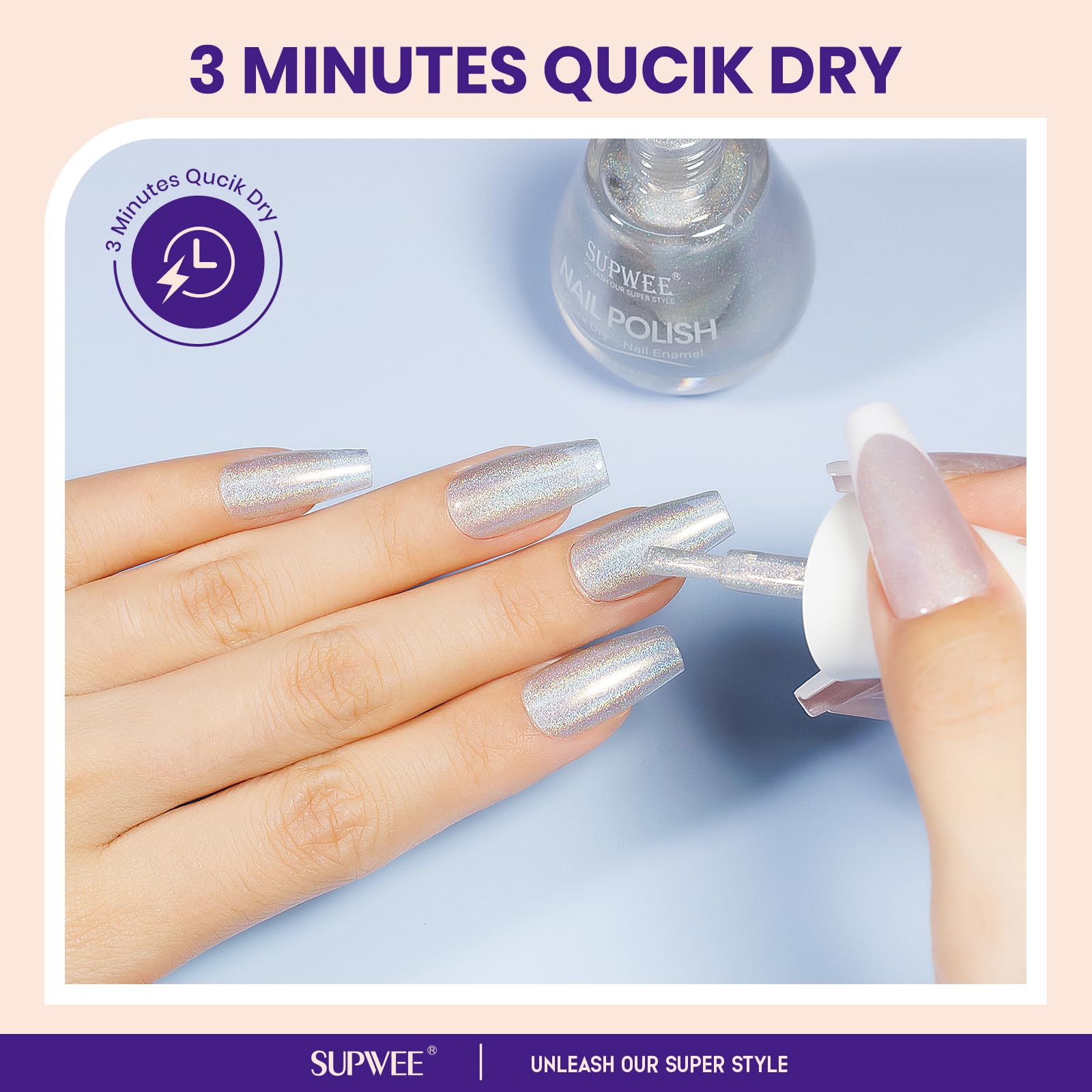 SUPWEE Holographic Nail Polish - 16ML Laser Effect Silver Mirror Glitter Nail Varnish, Quick Dry Shimmer Metallic Polish for Nail Art, Long Lasting No UV Light Needed | Perfect for Parties, Weddings, and Special Occasions