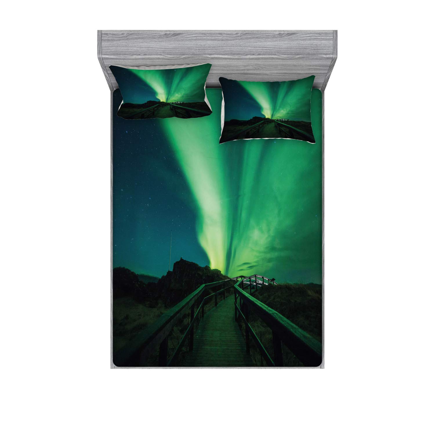 Ambesonne Aurora Borealis Fitted Sheet & Pillow Sham 3-Piece Bedding Set - Full Size, Fern Green & Dark Blue, Nordic Wooden Bridge Solar Sky Scenic Print - Cozy Arctic Magic Decor for Guest Room & Cabin Retreat