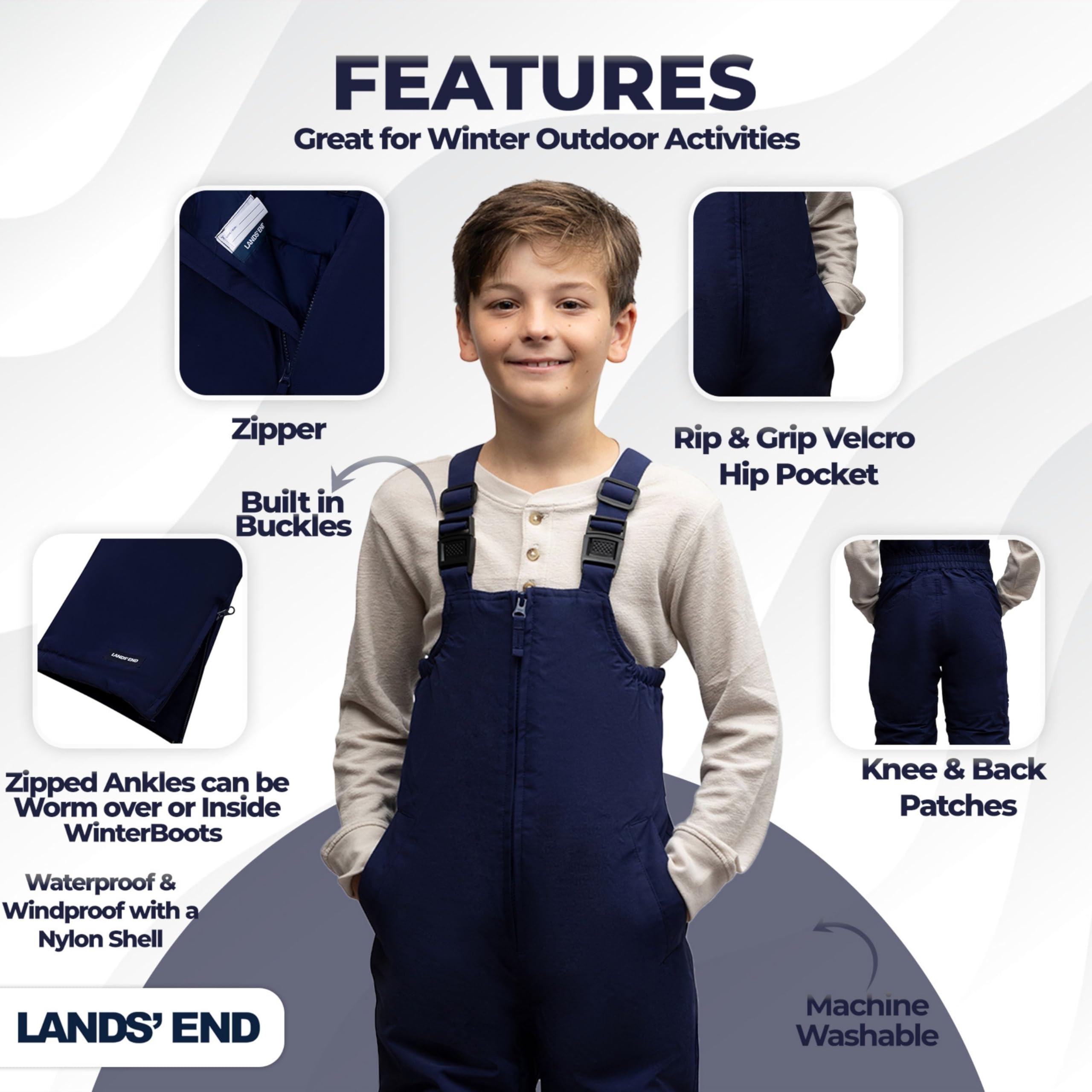 Lands' End Kids Squall Waterproof Snow Bib Pants with Reinforced Knees - Winter Outdoor Play, Skiing, Snowboarding & Cold Weather Activities